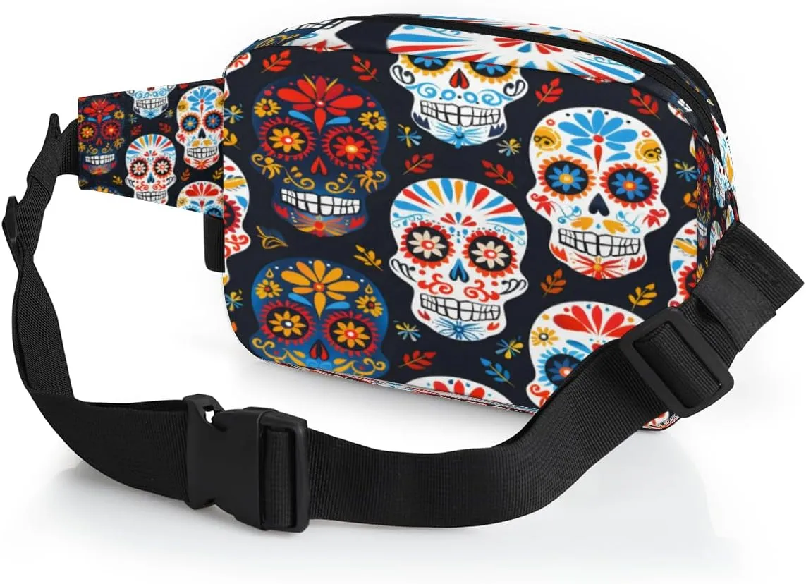 Fanny Pack for Men Women, Waterproof Sports Waist Bag Pack, Sugar Skull Belt Bag for Travel Hiking Running, Travel Chest Bag with Adjustable Strap, Gothic Rose Flower Skull