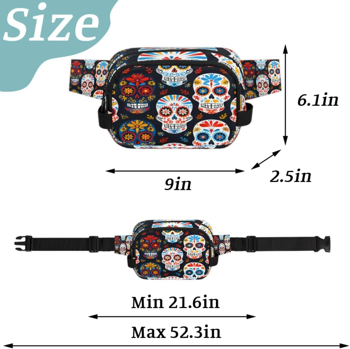 Fanny Pack for Men Women, Waterproof Sports Waist Bag Pack, Sugar Skull Belt Bag for Travel Hiking Running, Travel Chest Bag with Adjustable Strap, Gothic Rose Flower Skull
