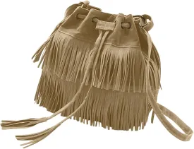 Fashionable Soft Velvet Frosted Tassel Women's Bags With Drawstring Bucket Single Shoulder Bag Nylon (Khaki, One Size)