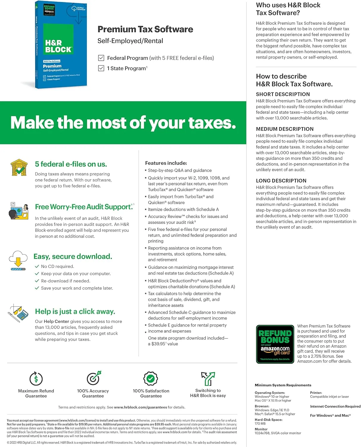 H&R Block Tax Software Premium 2022 with Refund Bonus Offer (Amazon Exclusive) [PC Download] (Old Version)