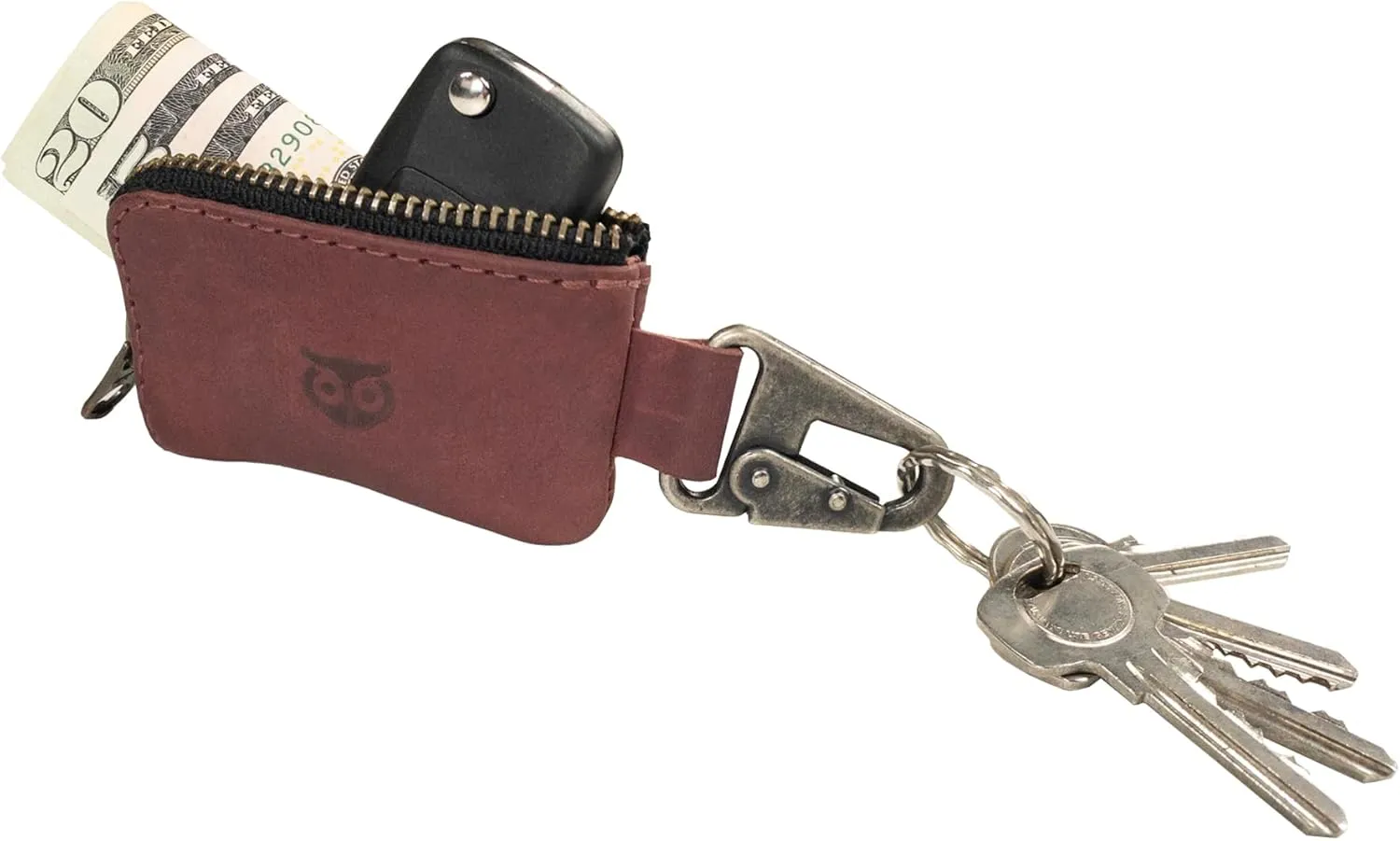 Hide & Drink, Car Key Holder, Headphone and charging Cables, Memory Cards, Flash Drives, Cash Zipper Case with Nickel Metal Clasp, Handmade, Full Grain Leather :: Sangria