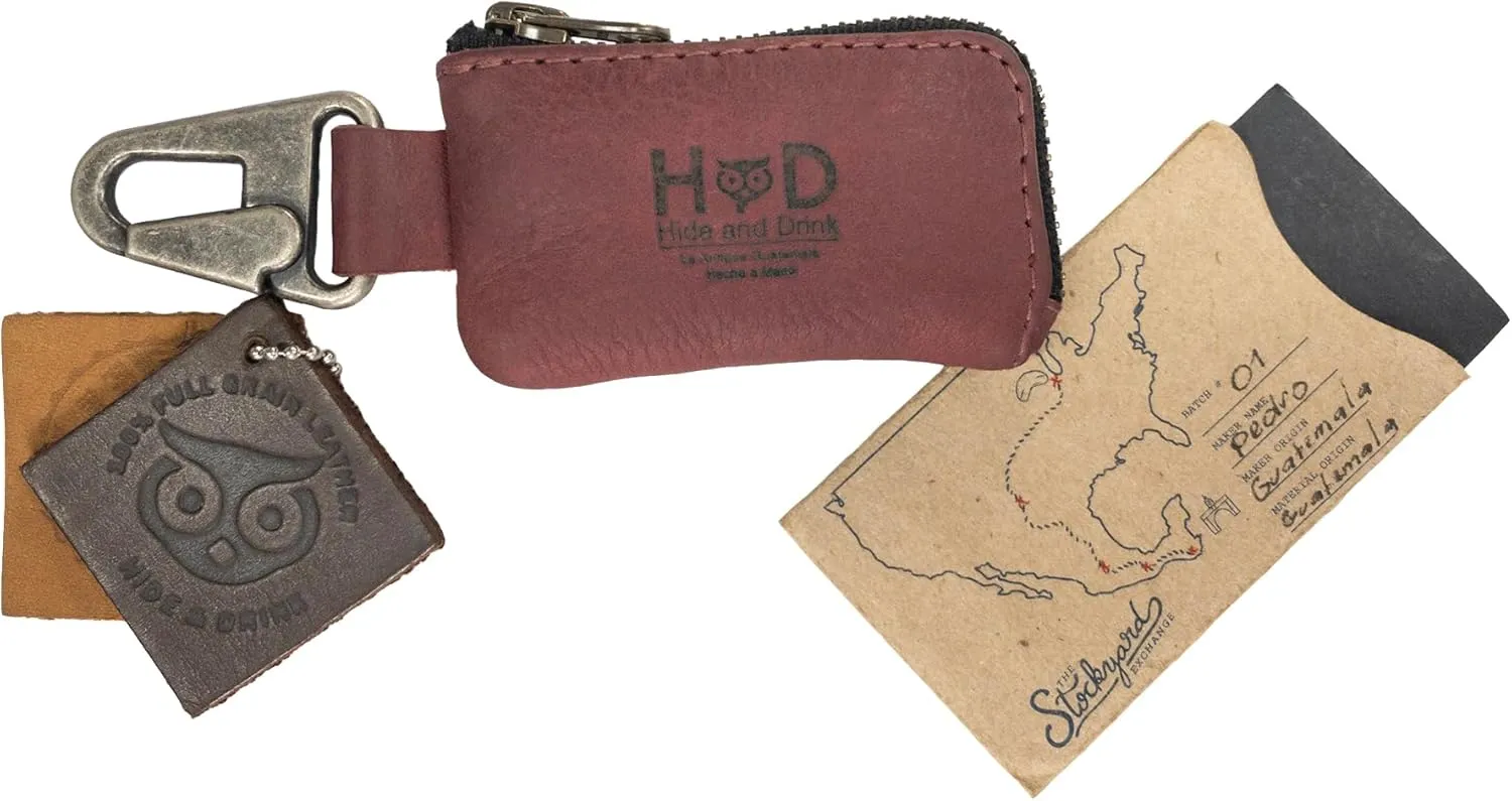 Hide & Drink, Car Key Holder, Headphone and charging Cables, Memory Cards, Flash Drives, Cash Zipper Case with Nickel Metal Clasp, Handmade, Full Grain Leather :: Sangria