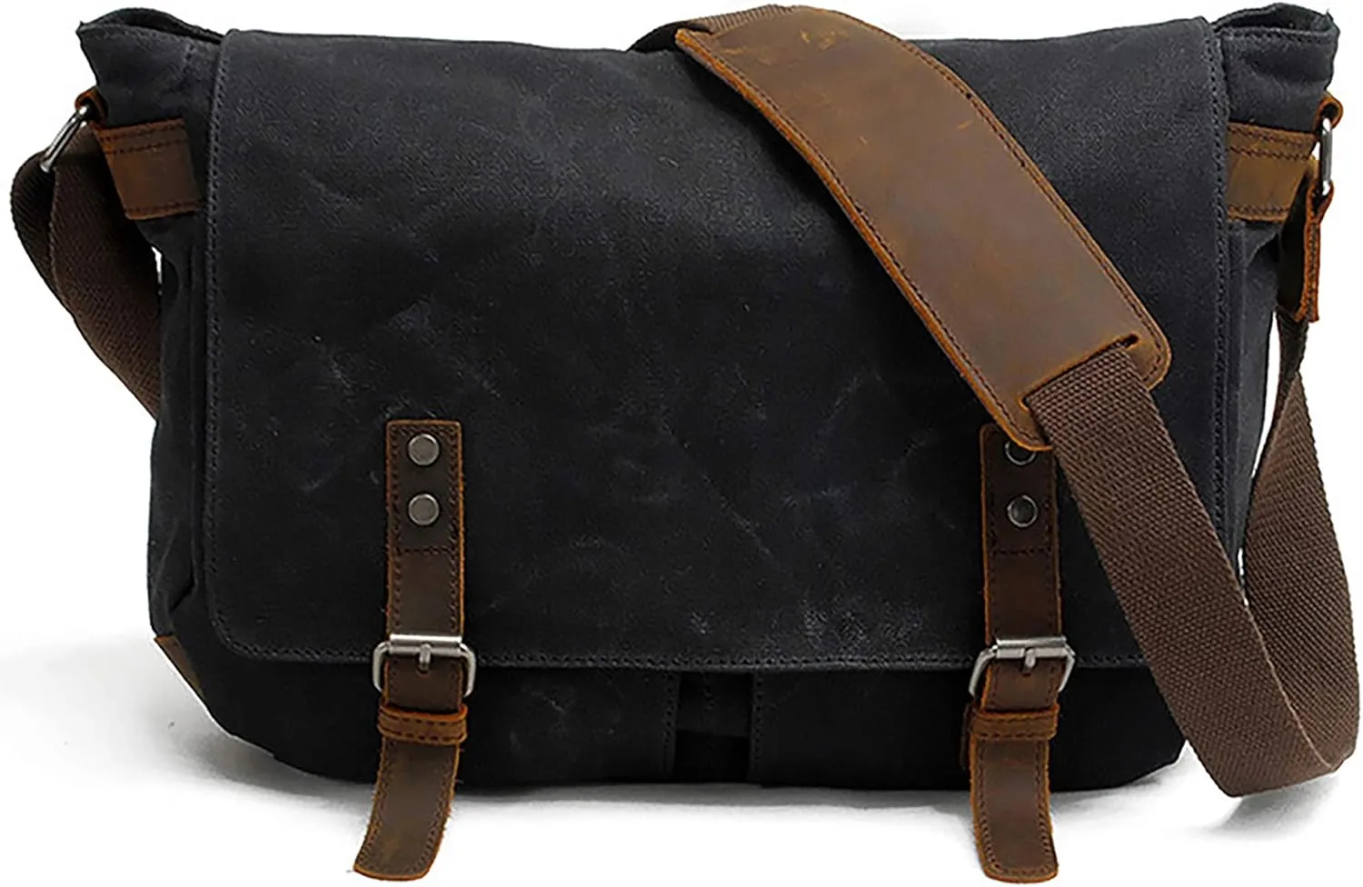 HuaChen Men's Waxed Canvas Messenger Bag Shoulder Crossbody Laptop Bag Satchel (M49_Black)