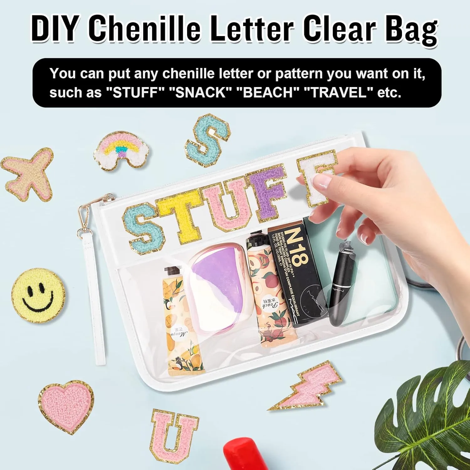 IzuztA White PU Travel Makeup Bag - Clear Zipper Pouch with Wristlet, DIY Chenille Letter Bag - Waterproof Portable Travel Toiletry Bag - Cosmetic Pouch for Women & Girls