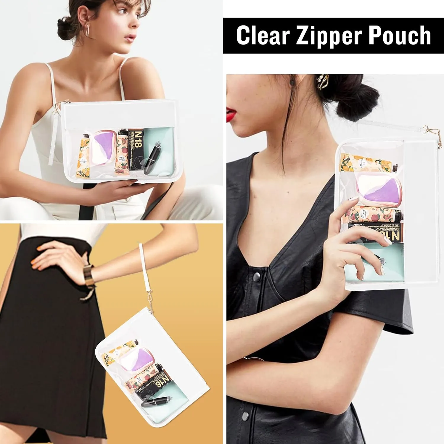 IzuztA White PU Travel Makeup Bag - Clear Zipper Pouch with Wristlet, DIY Chenille Letter Bag - Waterproof Portable Travel Toiletry Bag - Cosmetic Pouch for Women & Girls