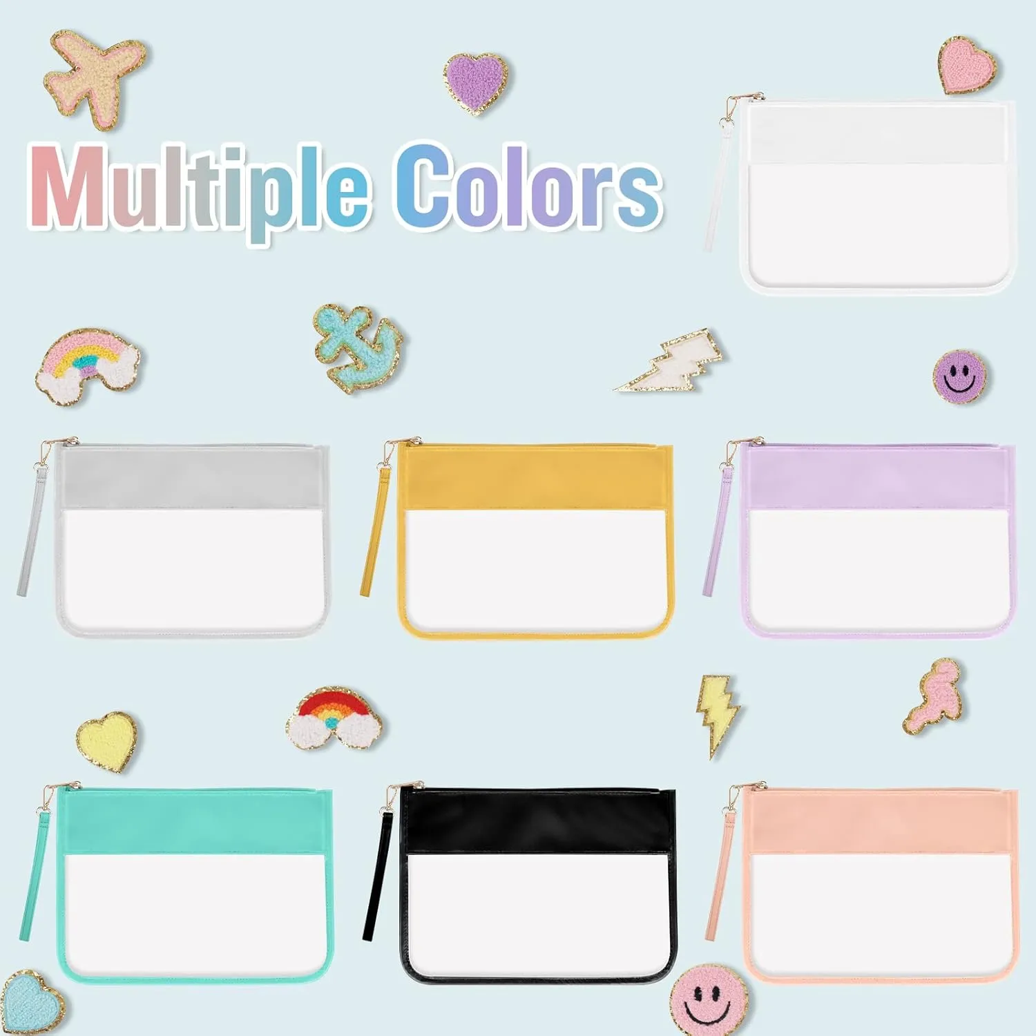 IzuztA White PU Travel Makeup Bag - Clear Zipper Pouch with Wristlet, DIY Chenille Letter Bag - Waterproof Portable Travel Toiletry Bag - Cosmetic Pouch for Women & Girls