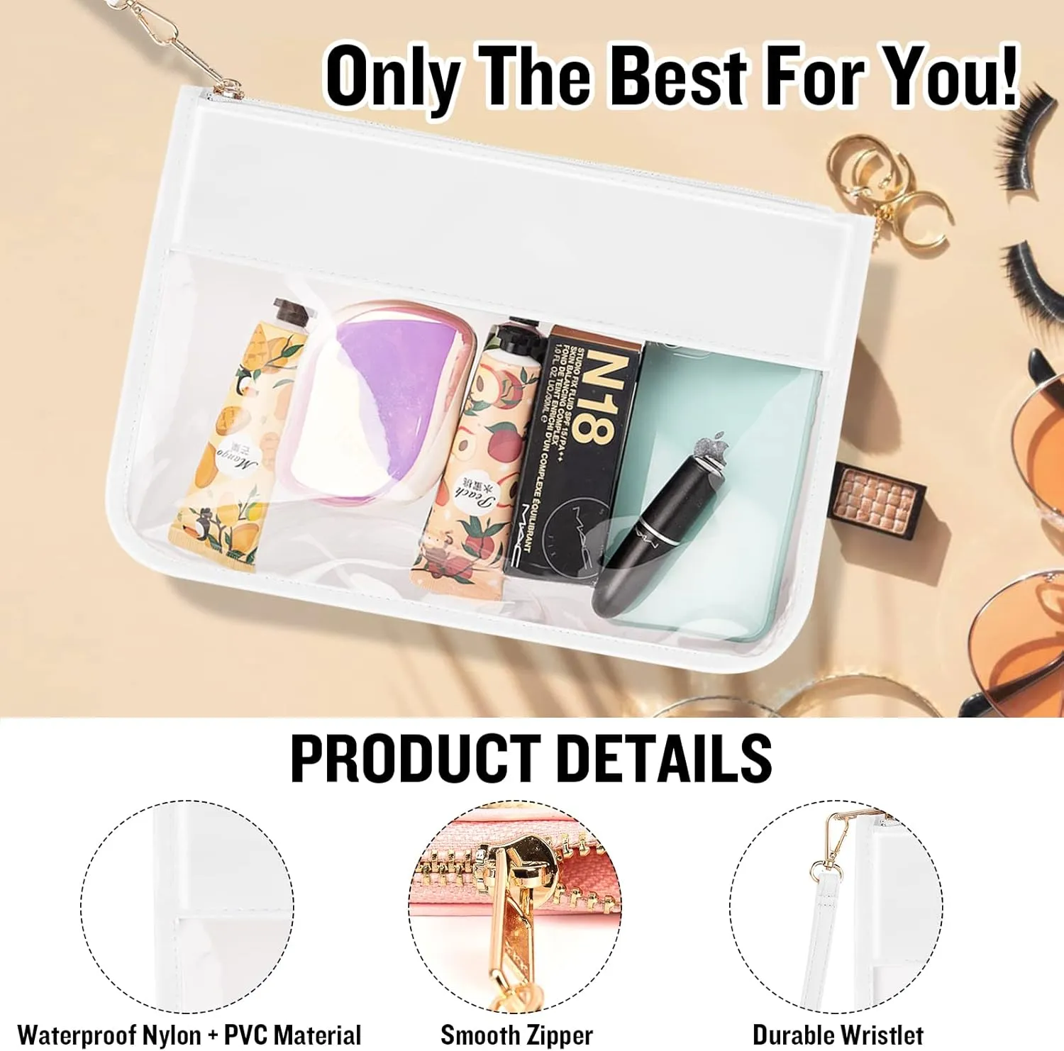 IzuztA White PU Travel Makeup Bag - Clear Zipper Pouch with Wristlet, DIY Chenille Letter Bag - Waterproof Portable Travel Toiletry Bag - Cosmetic Pouch for Women & Girls