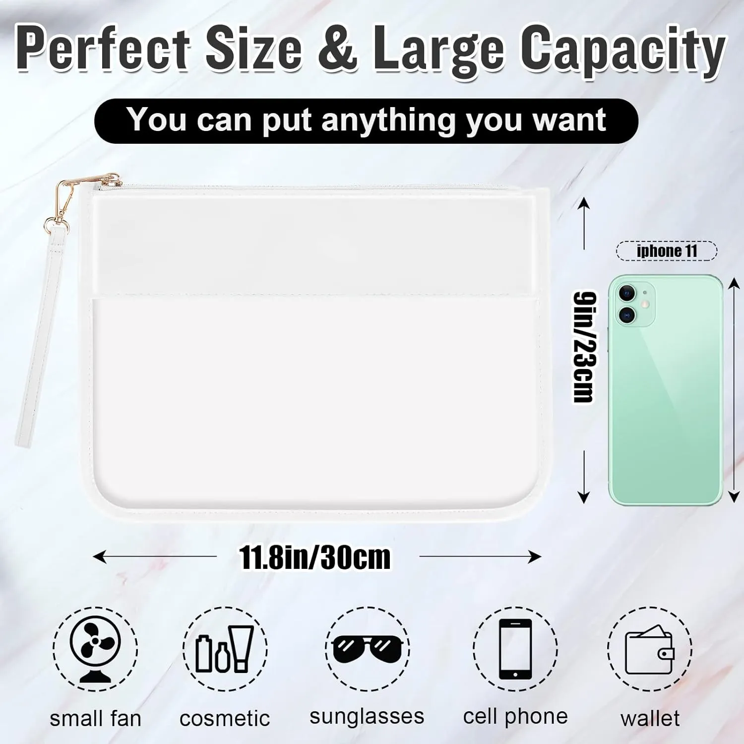 IzuztA White PU Travel Makeup Bag - Clear Zipper Pouch with Wristlet, DIY Chenille Letter Bag - Waterproof Portable Travel Toiletry Bag - Cosmetic Pouch for Women & Girls