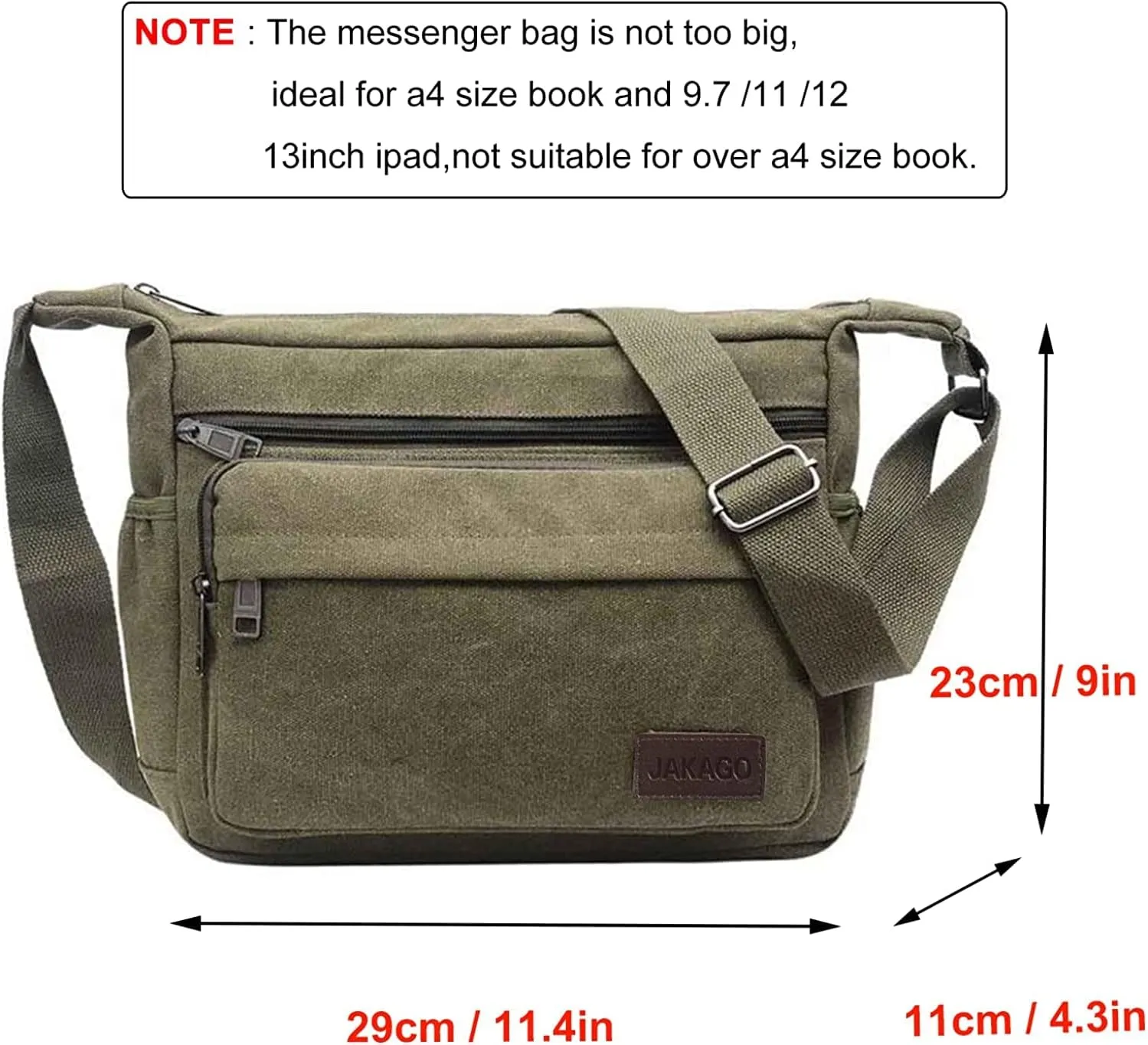 JAKAGO 13" Canvas Messenger Bag Multi Pockets Cross body Bag for Daily Use Satchel Bag for Business Travel