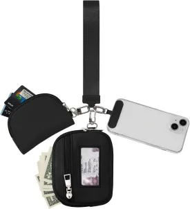 Keychain Wallet Mini Zip Around Dual Pouch Wristlet Detachable Coin Purse for Women and Men with Phone Tether Tab