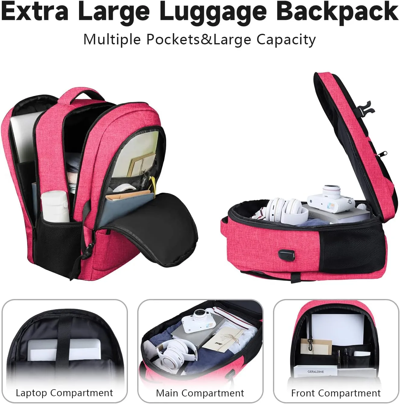 Lapsouno Extra Large Backpack, 17.3 Inch Travel Laptop Backpack, Water Resistant Casual Hiking Daypack, Computer Bag with USB Port, College School Business Carry on Rucksack for Women, Pink