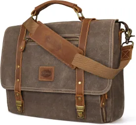Laptop Messenger bag for Mens 15.6 Inch, Waterproof Vintage Genuine Leather Mens Briefcase shoulder bag 16 Storage Pockets, Waxed Canvas Leather Computer Business Satchel Work Bag (Brown)