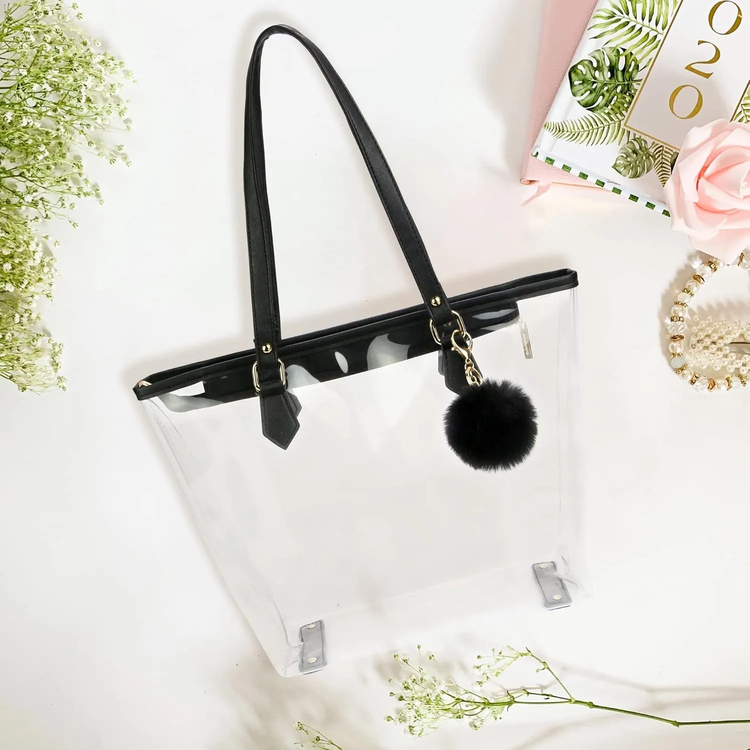 Large Clear Bag Transparent Shoulder Handbag with Plush Pendant
