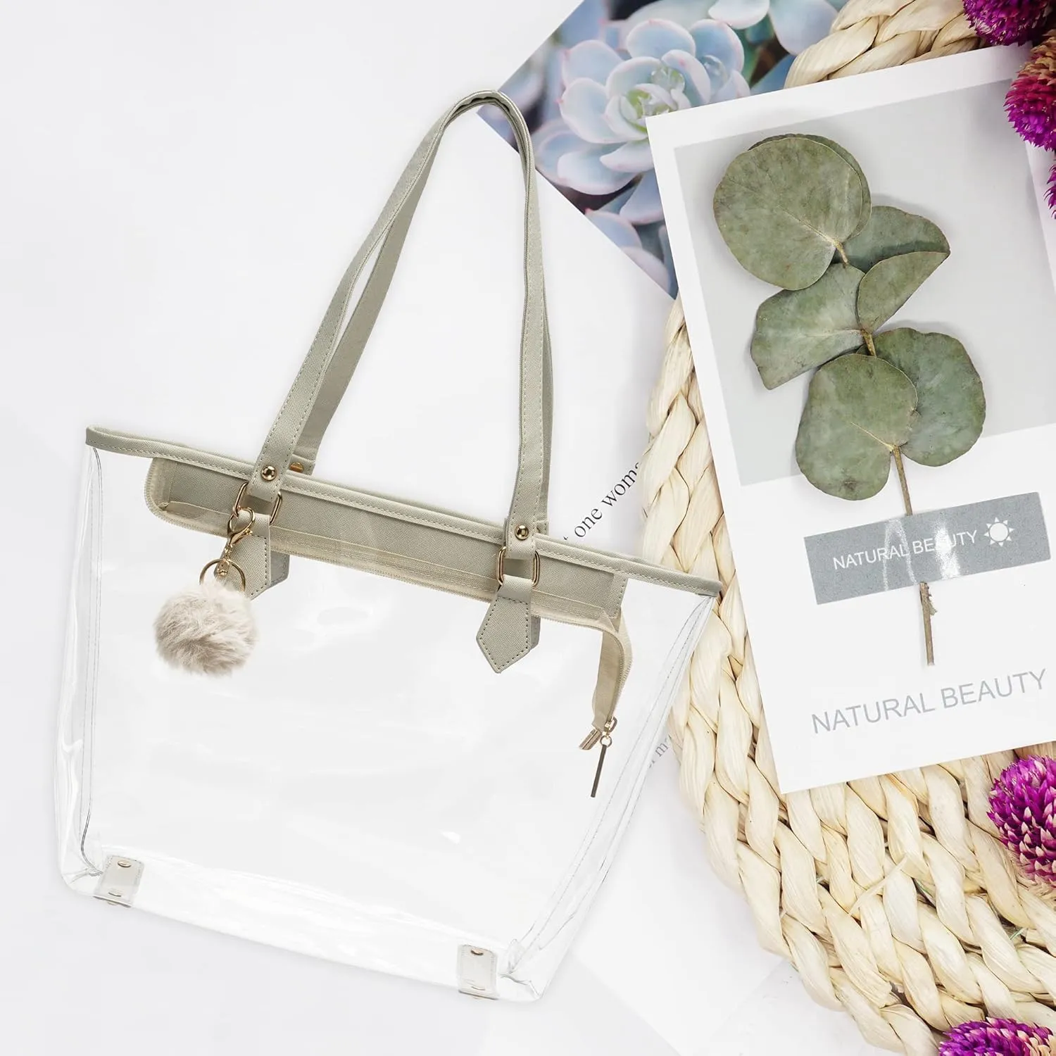 Large Clear Bag Transparent Shoulder Handbag with Plush Pendant