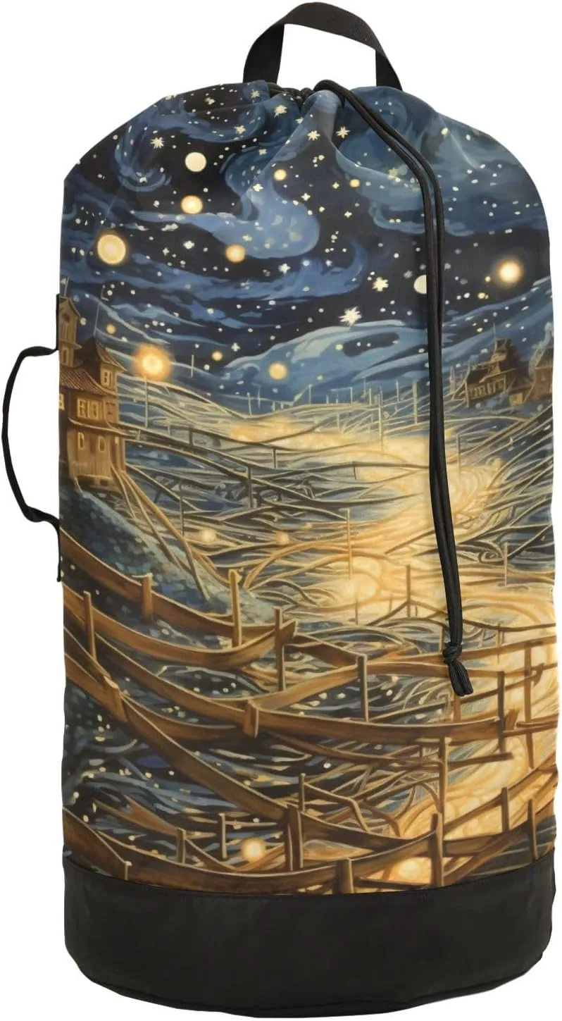 Laundry Bag Backpack Waterproof Beach Bag Clothes Hamper Bag Nocturne Night Piece Night Scene Large for Travel Camping Hiking Foldable Lightweight