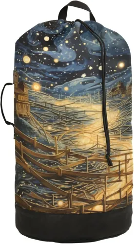 Laundry Bag Backpack Waterproof Beach Bag Clothes Hamper Bag Nocturne Night Piece Night Scene Large for Travel Camping Hiking Foldable Lightweight