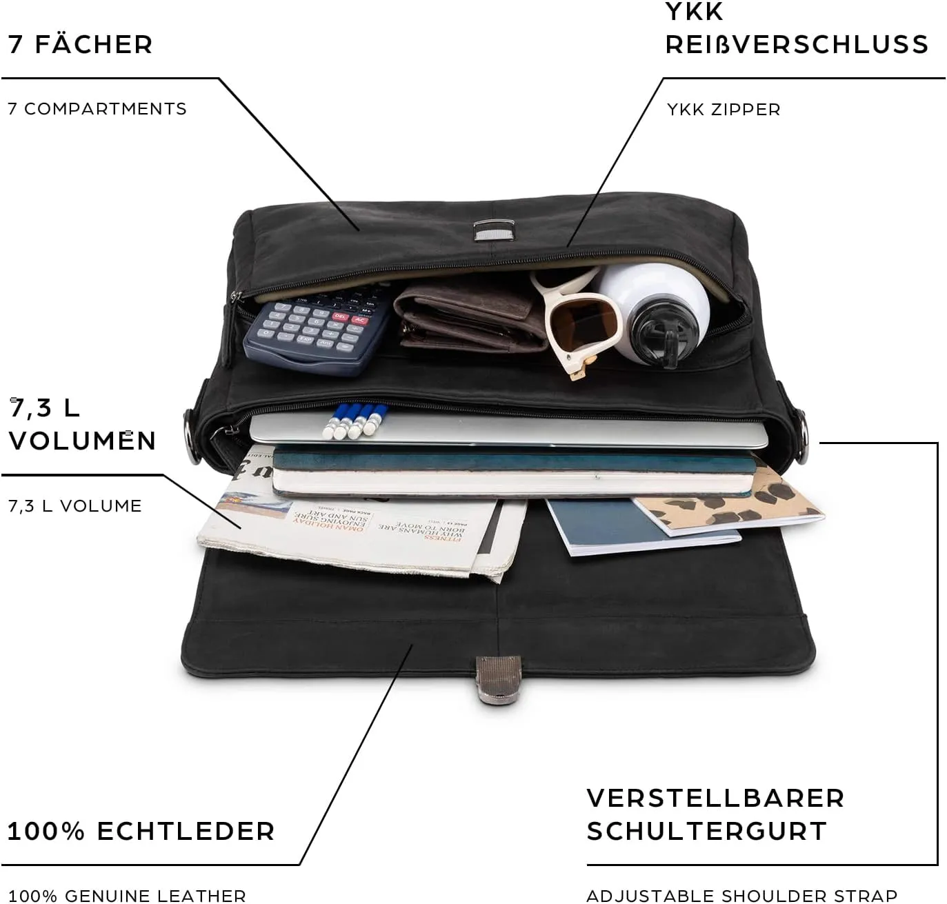 LEABAGS Leather Briefcase | Genuine Leather Laptop Bag 15" | Shoulder Strap | Messenger Bag | Work Bag | Teacher Bag
