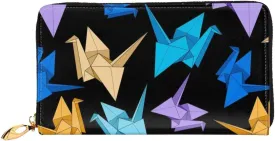 Leather Wallet For Women And Men Colorful Origami Paper Cranes Clutch Purse Wristlet Bag Credit Card Holder Wallet