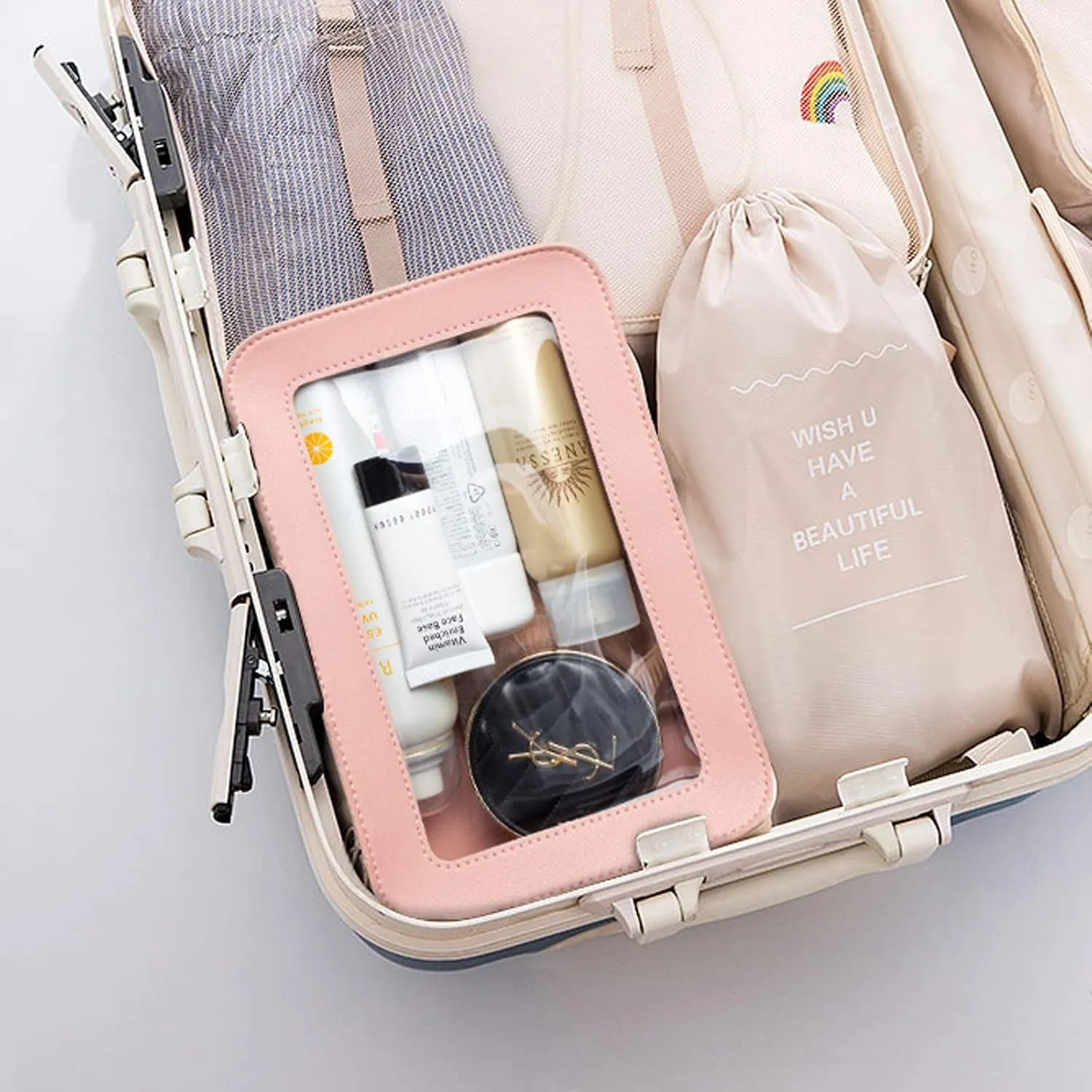 LETGO Clear Makeup Bags, TSA Approved Toiletry Bag with Zipper, Clear Makeup Organizer Fit Carry-on Travel Essentials,Clear Cosmetic Bags for Women Men (C-Pink)