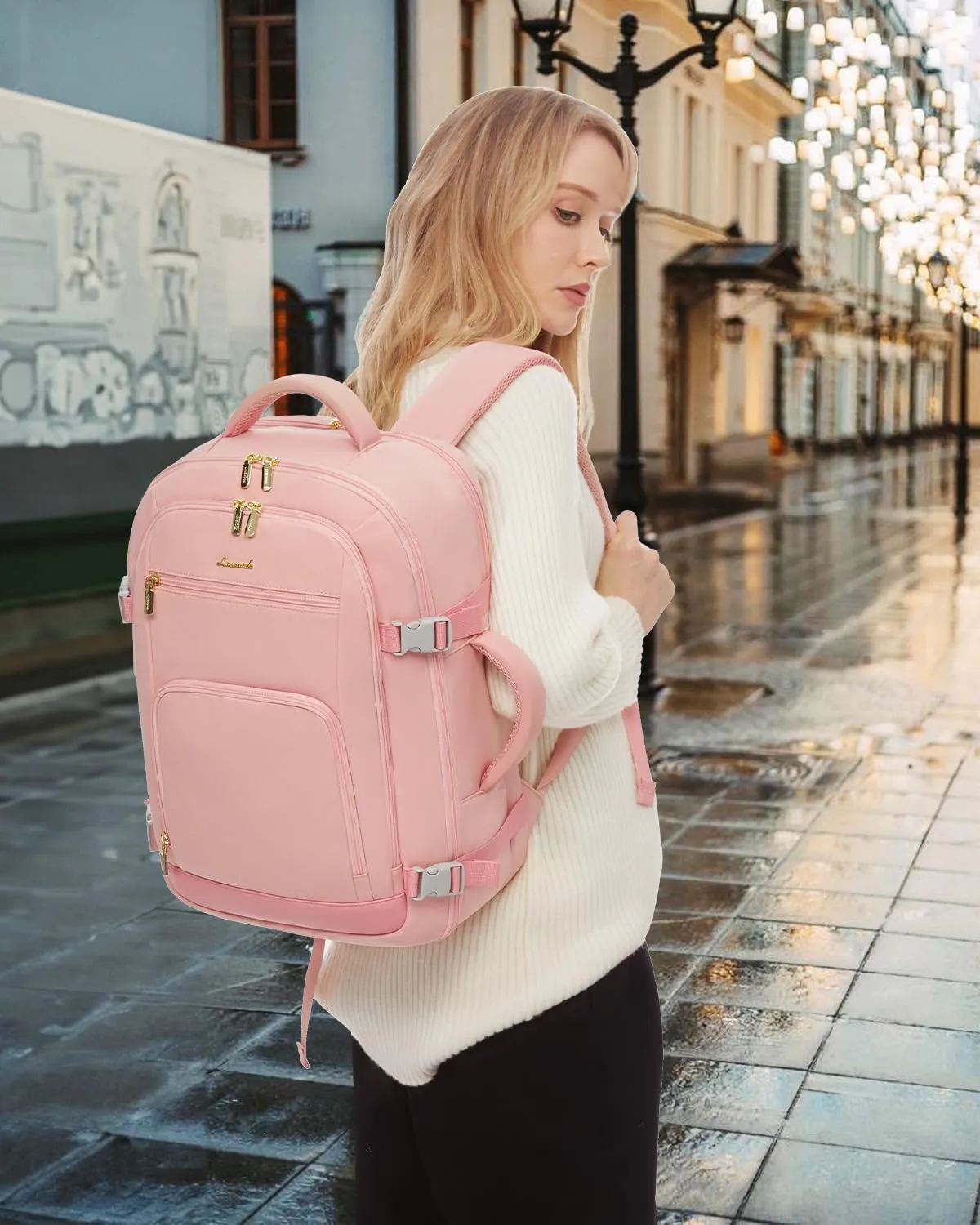 LOVEVOOK Travel Backpack For Women, 40L Carry On Backpack Flight Approved, TSA Personal Item Backpack Fits 17 Inch Laptop, Business Weekender Overnight Waterproof Daypack With 2 Packing Cubes, Pink