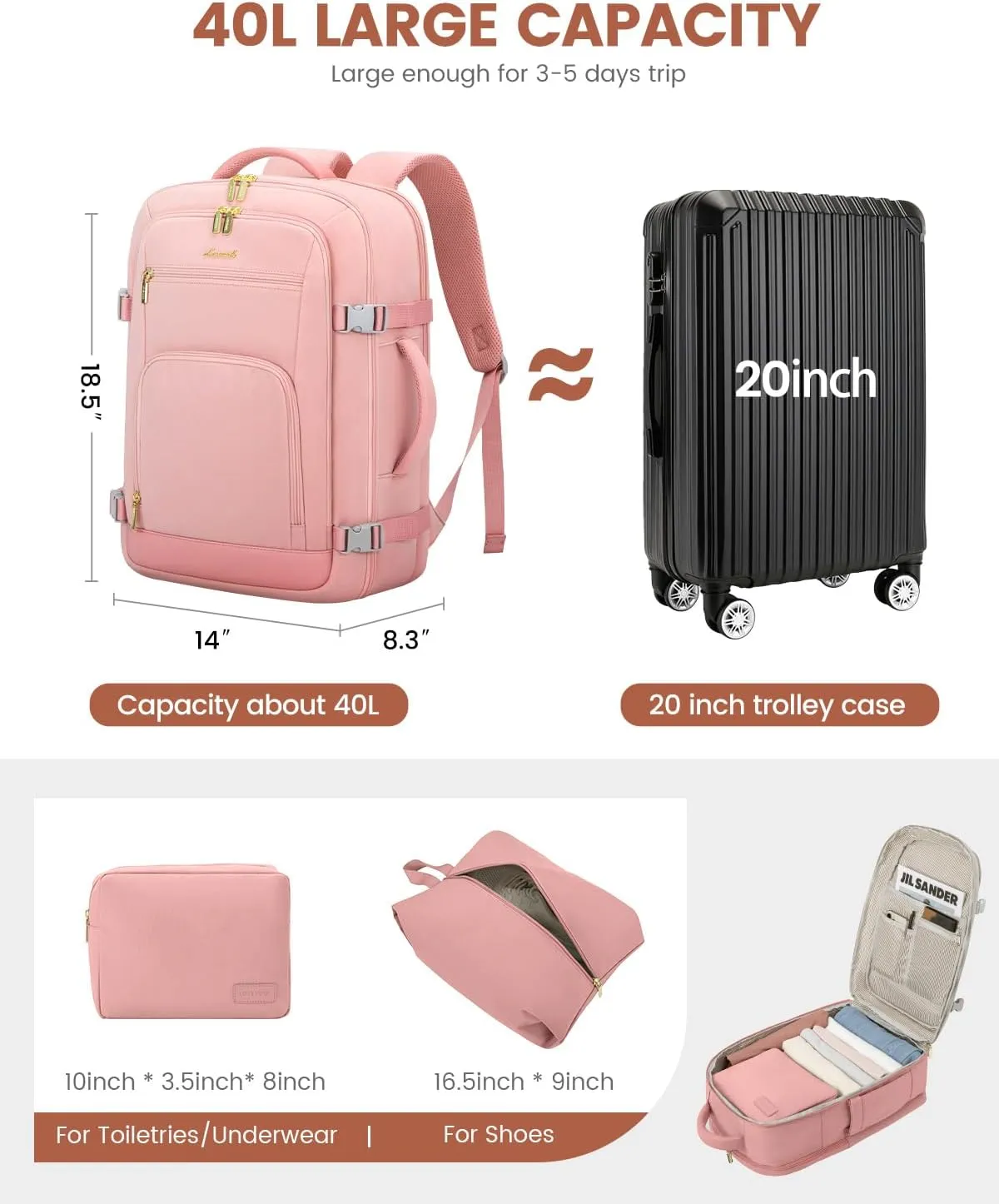 LOVEVOOK Travel Backpack For Women, 40L Carry On Backpack Flight Approved, TSA Personal Item Backpack Fits 17 Inch Laptop, Business Weekender Overnight Waterproof Daypack With 2 Packing Cubes, Pink