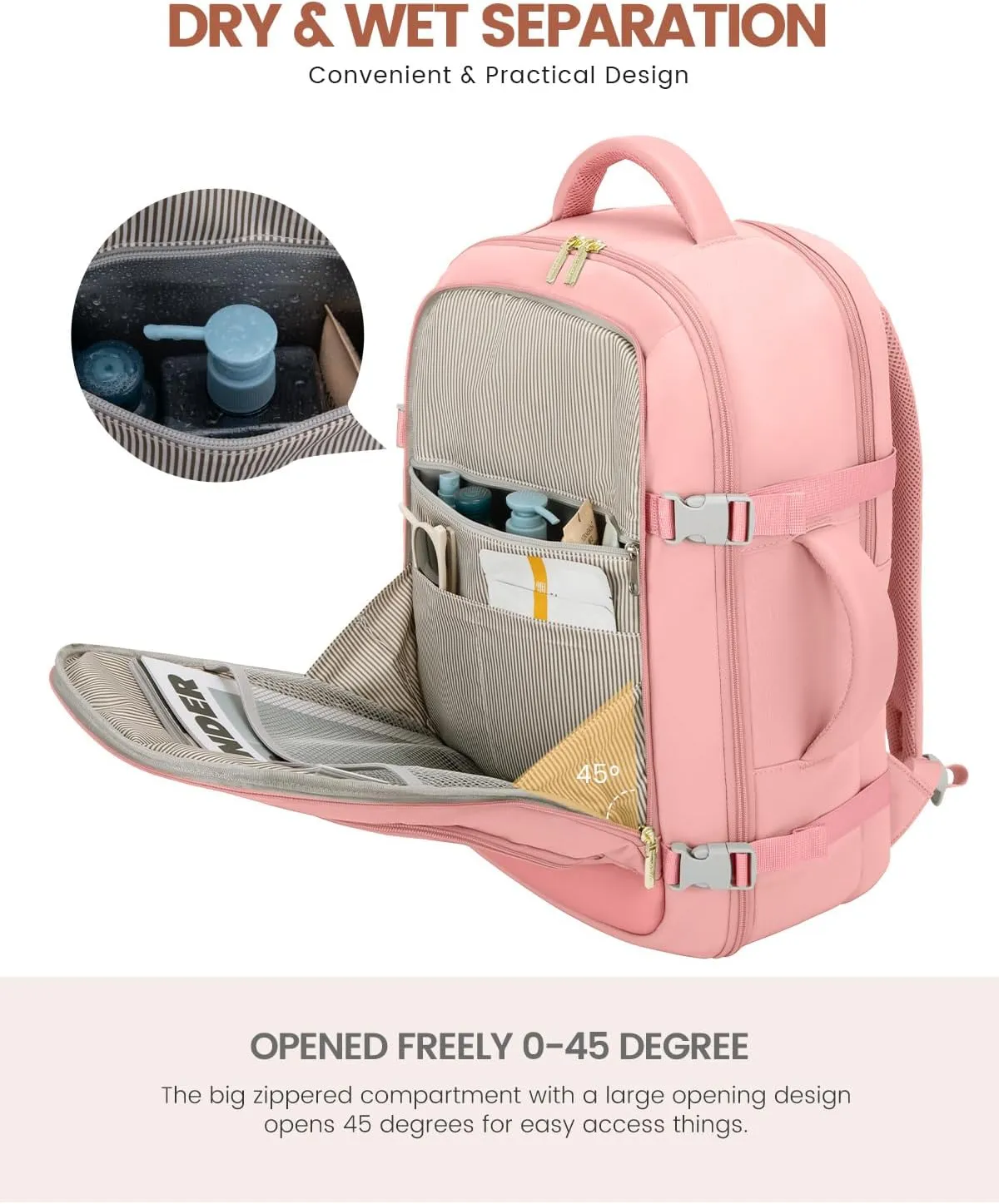 LOVEVOOK Travel Backpack For Women, 40L Carry On Backpack Flight Approved, TSA Personal Item Backpack Fits 17 Inch Laptop, Business Weekender Overnight Waterproof Daypack With 2 Packing Cubes, Pink
