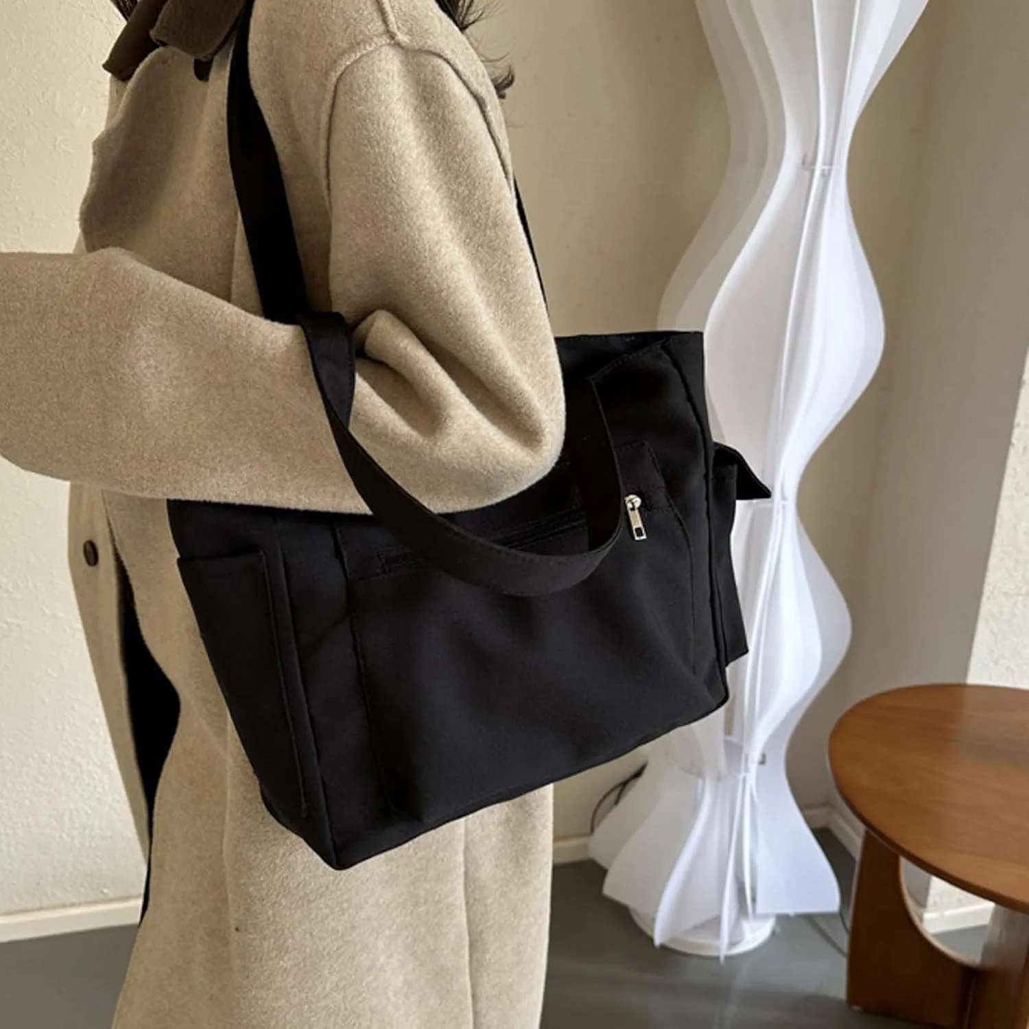 Medium Tote Bags for Women Fashion Versatile Satchel Purses with Multi Zipper Pocket Slouchy Bag for Women(Black)