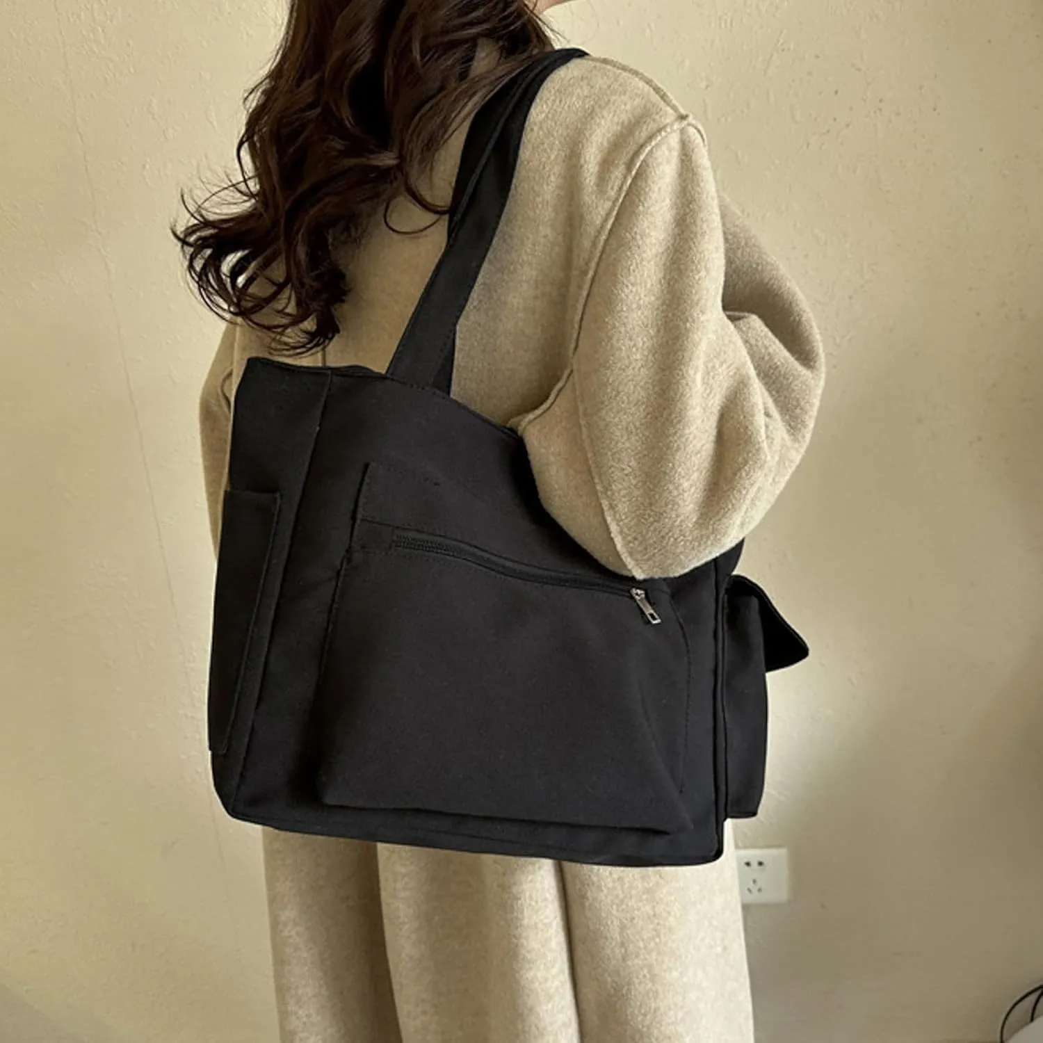 Medium Tote Bags for Women Fashion Versatile Satchel Purses with Multi Zipper Pocket Slouchy Bag for Women(Black)