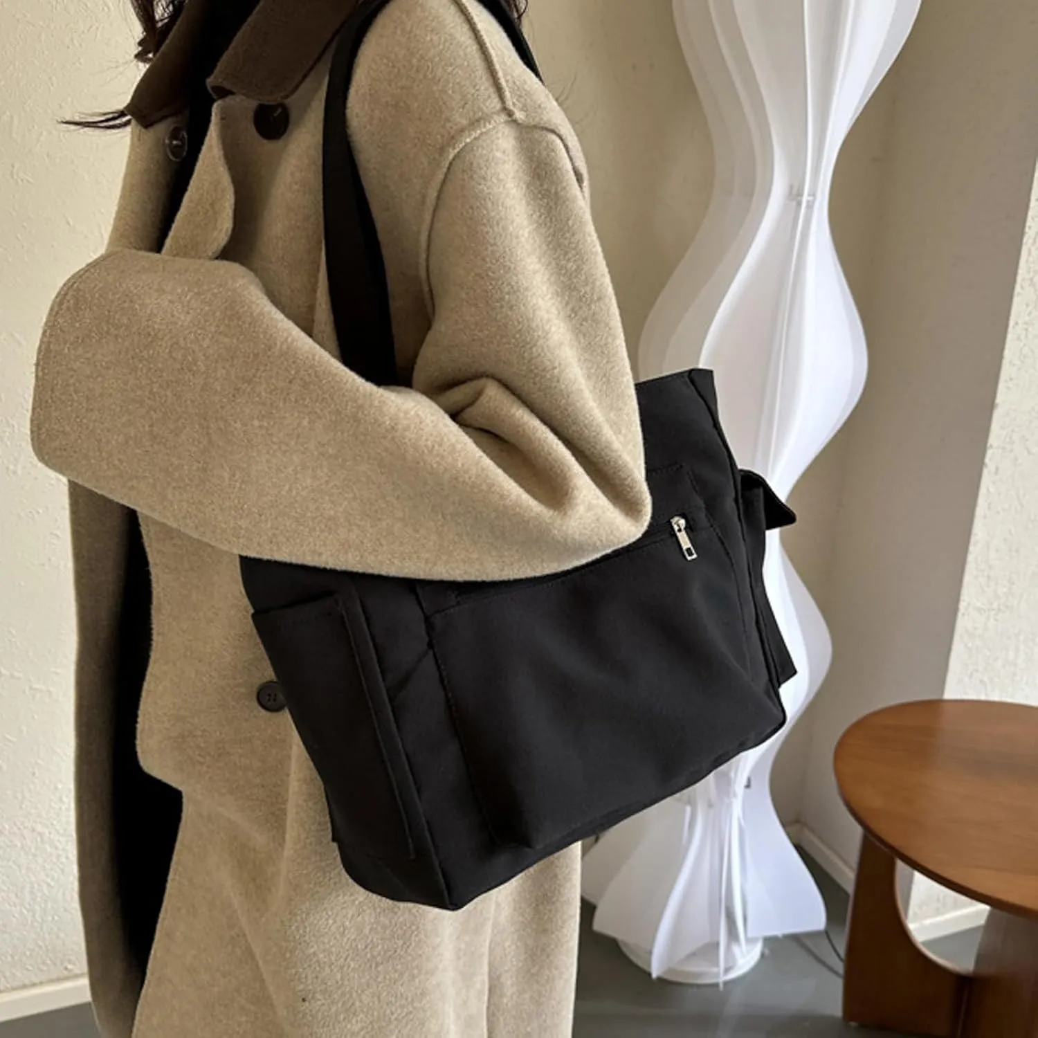 Medium Tote Bags for Women Fashion Versatile Satchel Purses with Multi Zipper Pocket Slouchy Bag for Women(Black)
