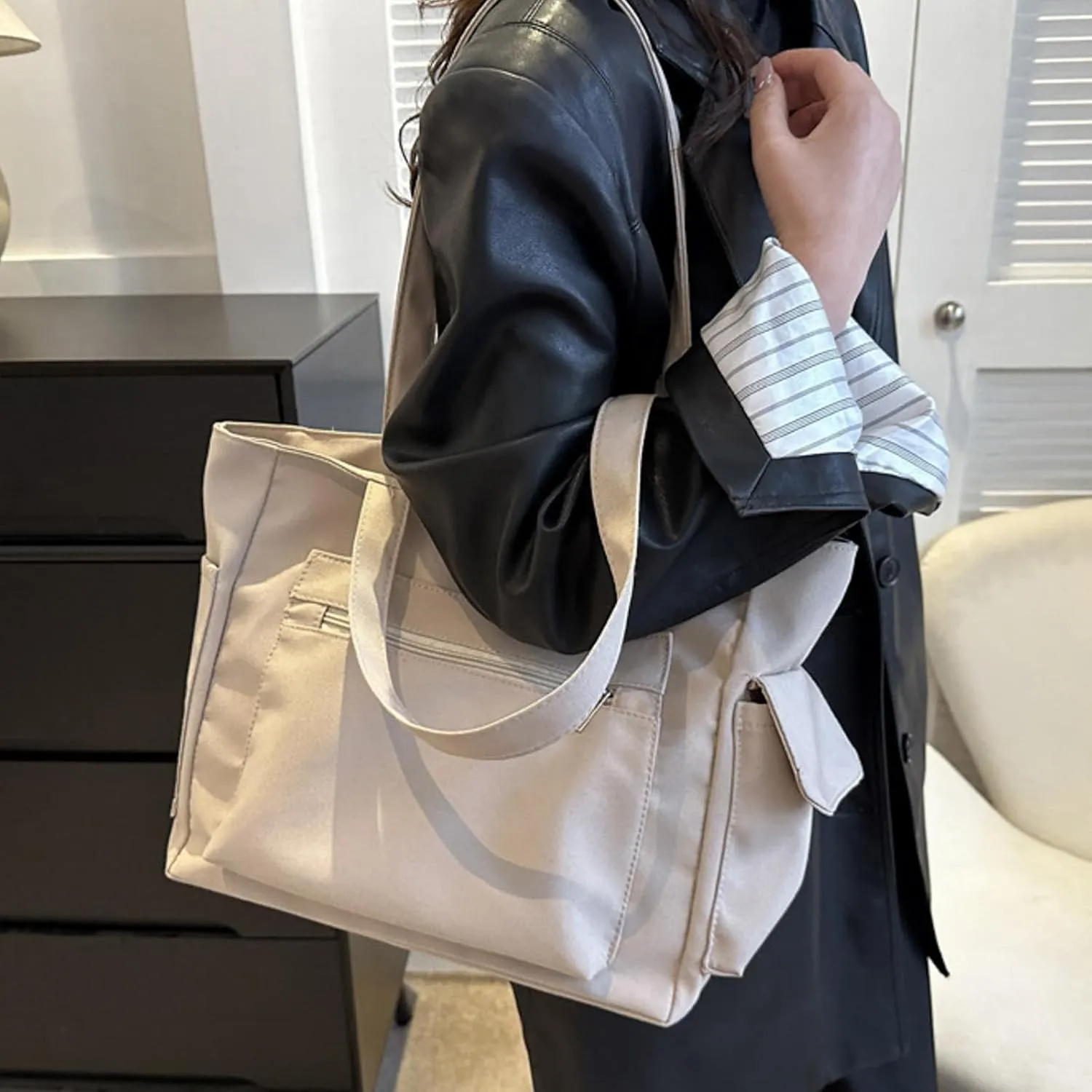 Medium Tote Bags for Women Fashion Versatile Satchel Purses with Multi Zipper Pocket Slouchy Bag for Women(Khaki)