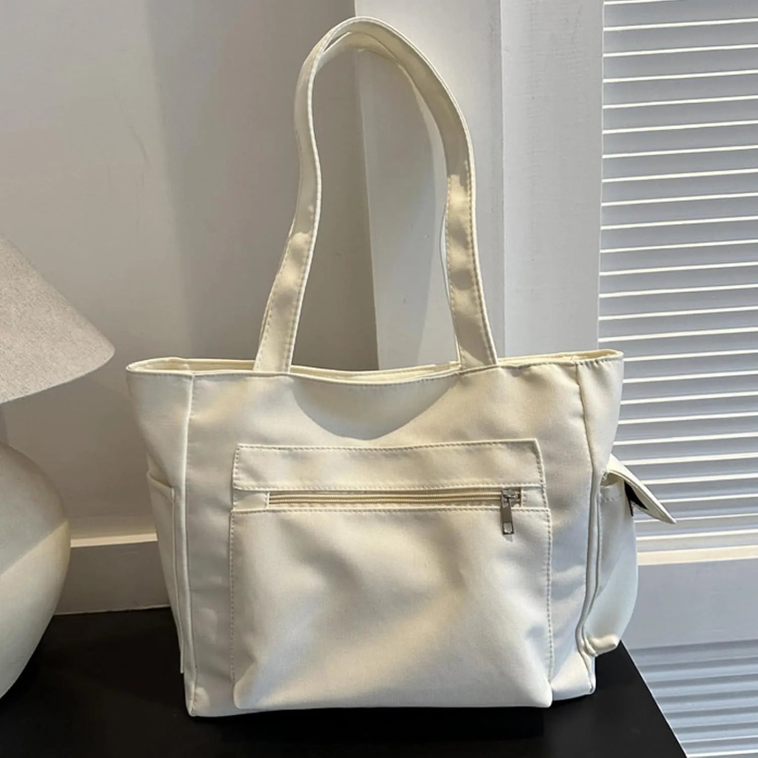 Medium Tote Bags for Women Fashion Versatile Satchel Purses with Multi Zipper Pocket Slouchy Bag for Women(White)