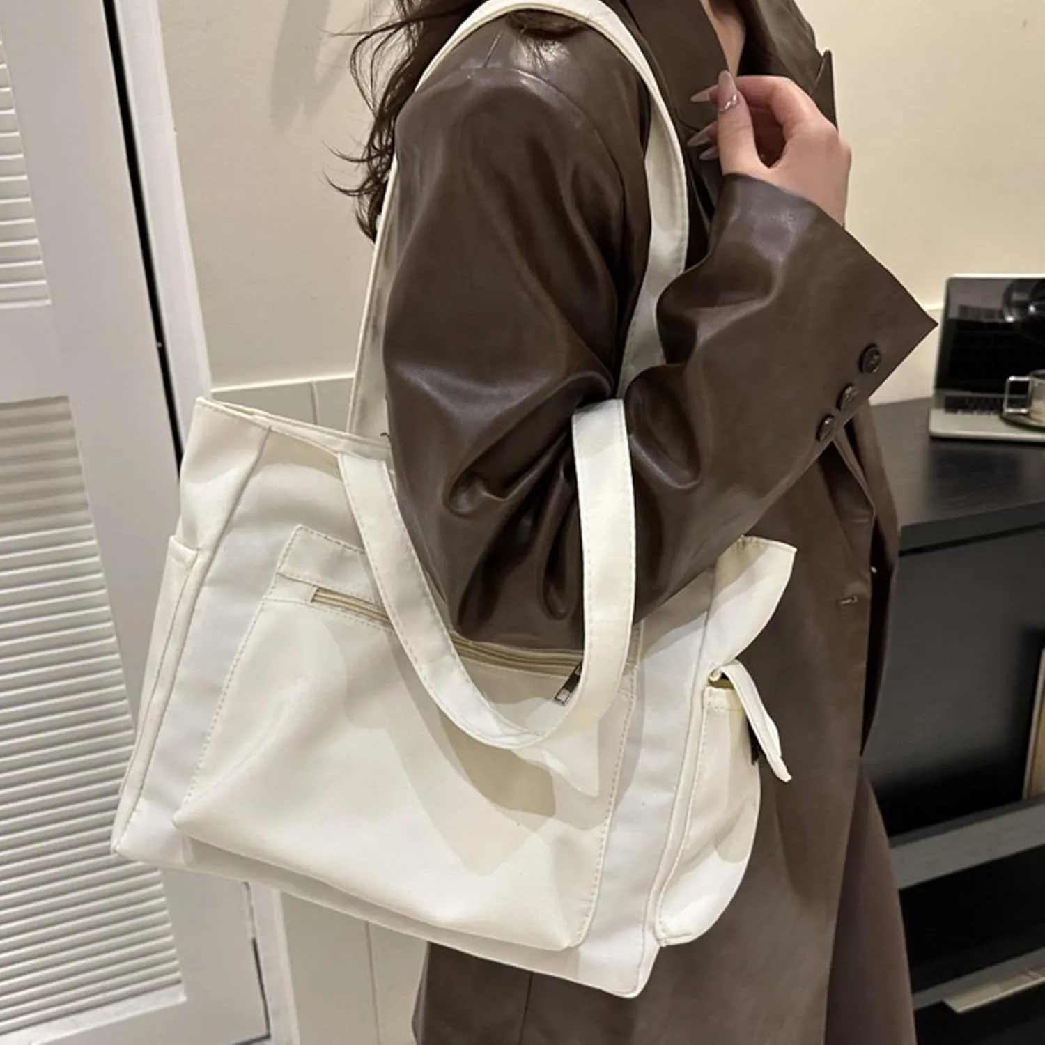 Medium Tote Bags for Women Fashion Versatile Satchel Purses with Multi Zipper Pocket Slouchy Bag for Women(White)