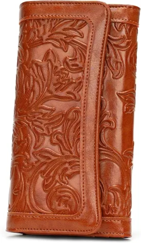 MEITRUE Women's Wallet Leather RFID Blocking Trifold Ladies Purse Embossed long Clutch Card Holder Phone Checkbook Organizer