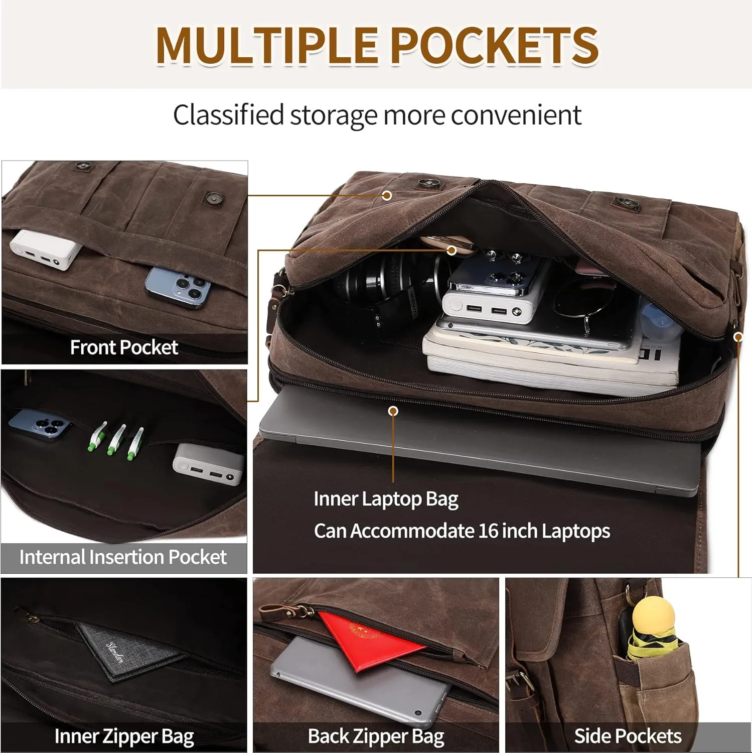 Messenger Bag for Men 15.6 Inch Vintage Canvas Genuine Leather Briefcase for Men Laptop Bag Satchel Shoulder Bag