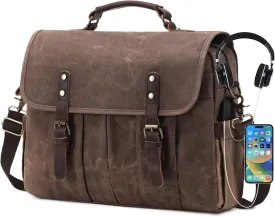 Messenger Bag for Men 15.6 Inch Vintage Canvas Genuine Leather Briefcase for Men Laptop Bag Satchel Shoulder Bag