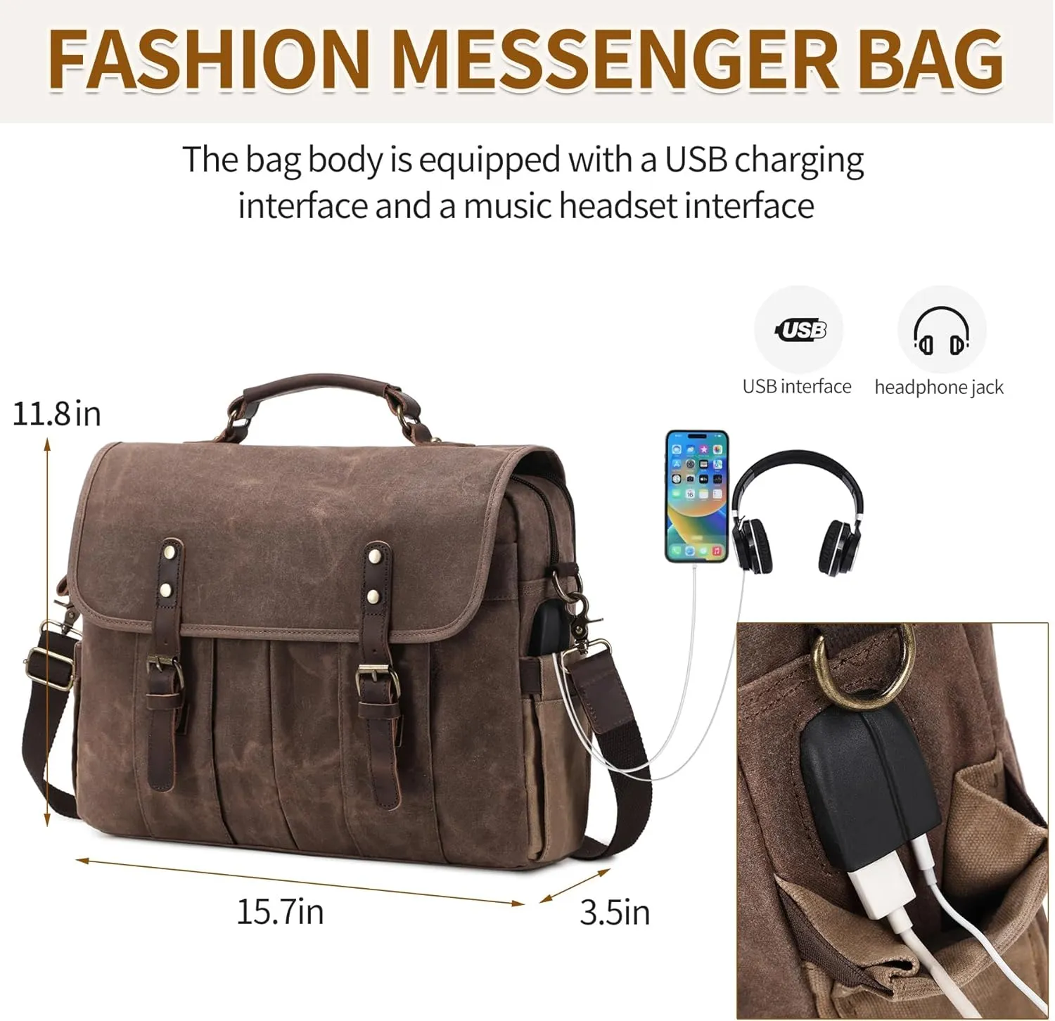 Messenger Bag for Men 15.6 Inch Vintage Canvas Genuine Leather Briefcase for Men Laptop Bag Satchel Shoulder Bag