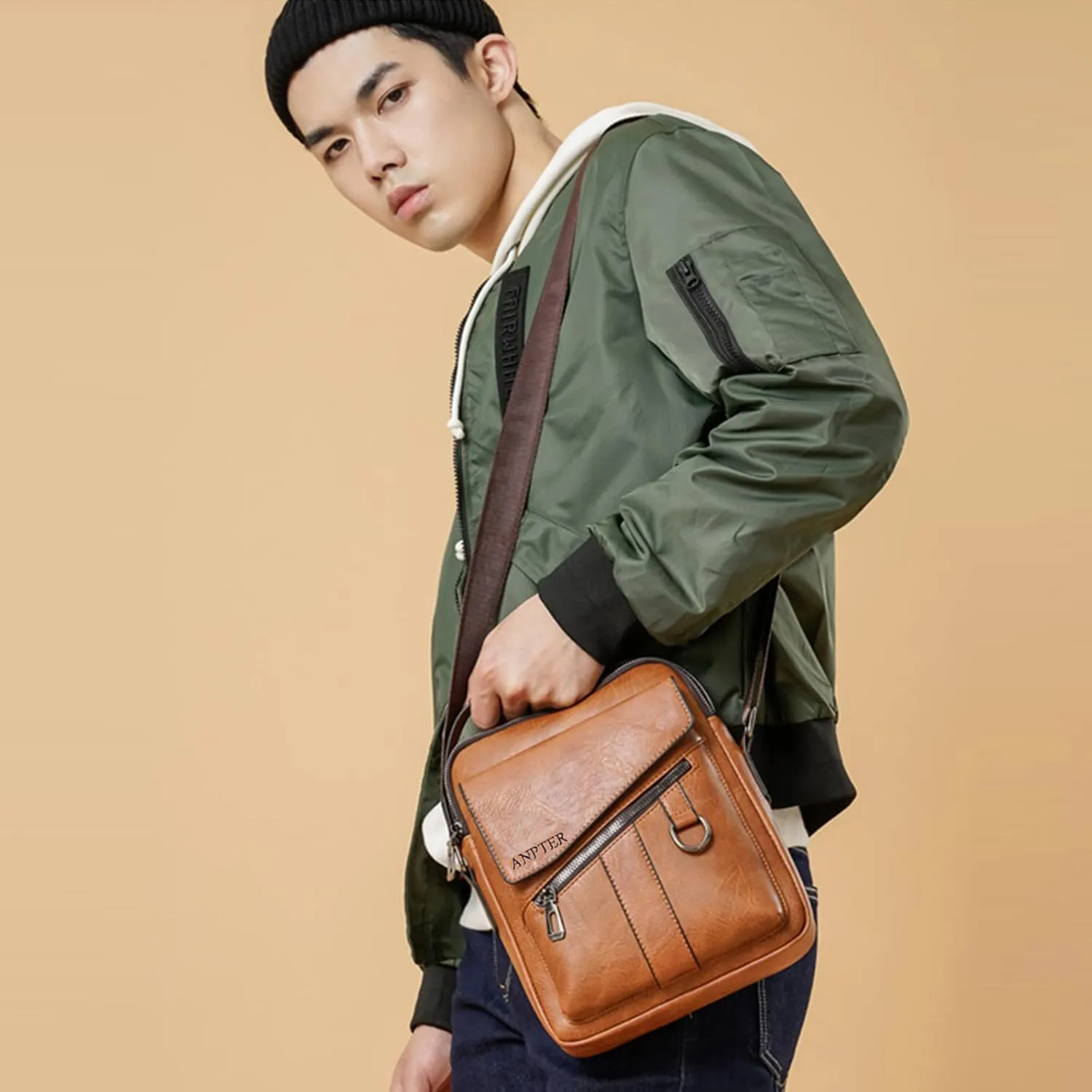 Messenger Bag for Men Crossbody Shoulder Purse Small Vintage PU Leather Satchel Pouch Side Crossover Handbag
