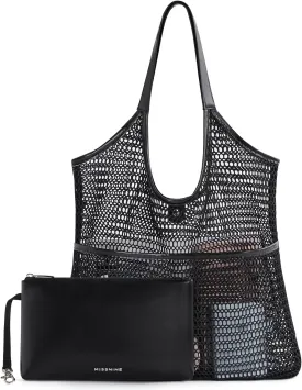 Missnie Women Mesh Beach Bag - Sandproof Foldable Summer Tote Leather Hobo Purse with Pouch for Vacation, Travel Essentials