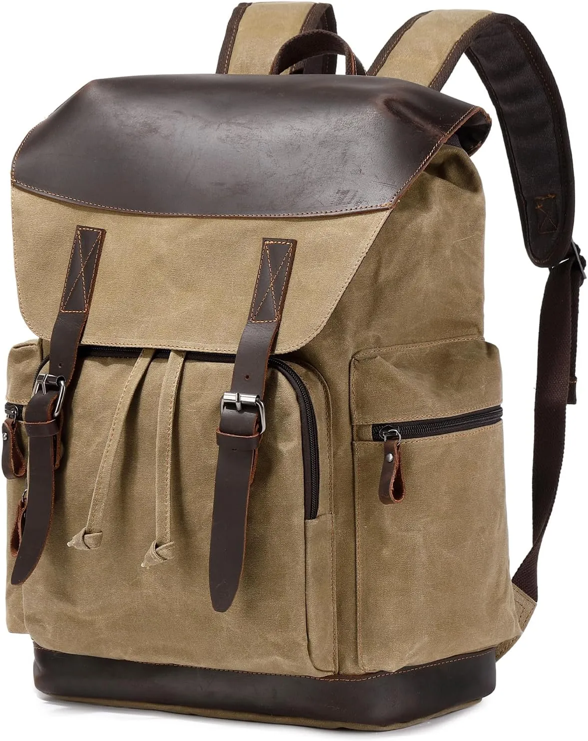 Nerlion Leather Backpack for Men Waxed Canvas Laptop Backpack 17.3 Inch Rucksack Vintage Travel Backpack (Khaki)