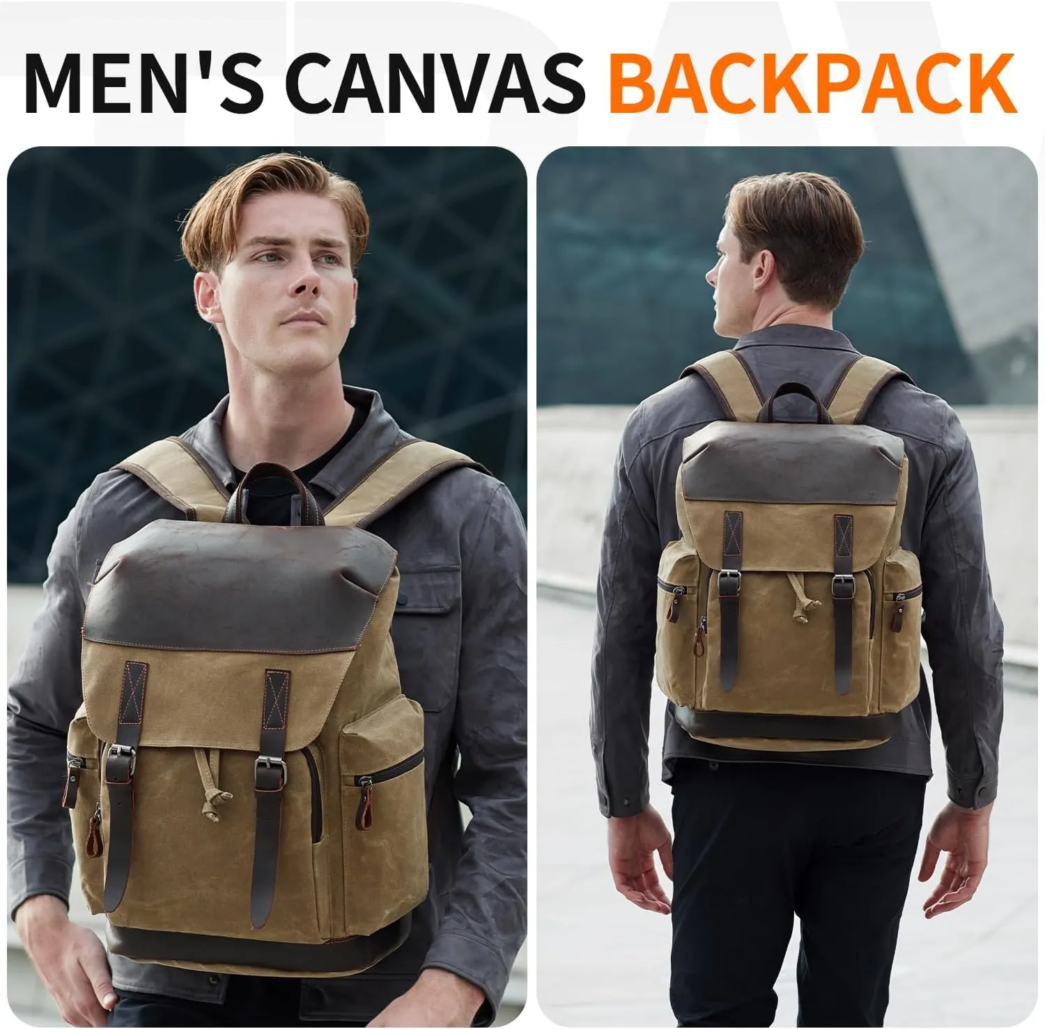 Nerlion Leather Backpack for Men Waxed Canvas Laptop Backpack 17.3 Inch Rucksack Vintage Travel Backpack (Khaki)