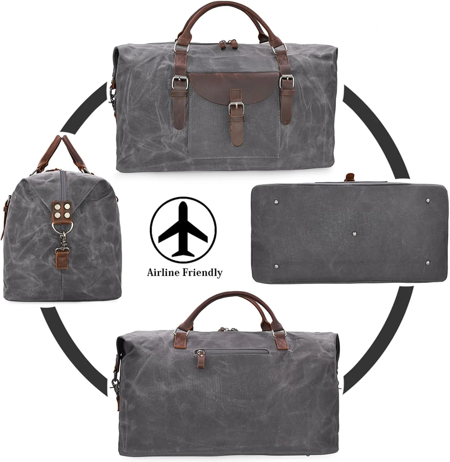 Oversized Travel Duffel Bag Waterproof Canvas Genuine Leather Weekend bag Weekender Overnight Carryon Hand Bag Grey