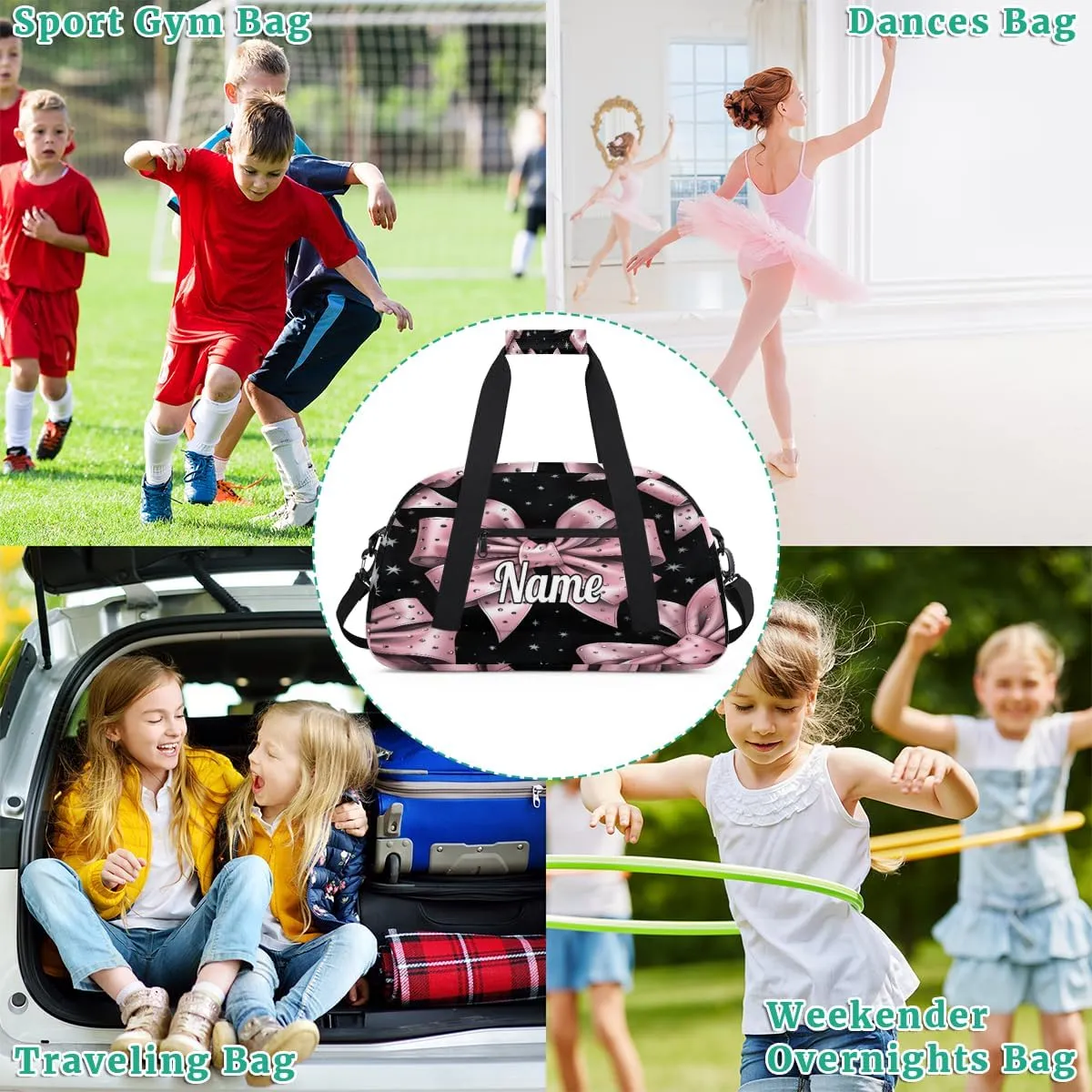 Pink Bowknot Personalized Kids Gym Bag Custom Dance Bag with Name Sport Duffel Bag for Girls Boys Weekender Overnight Travel Bag