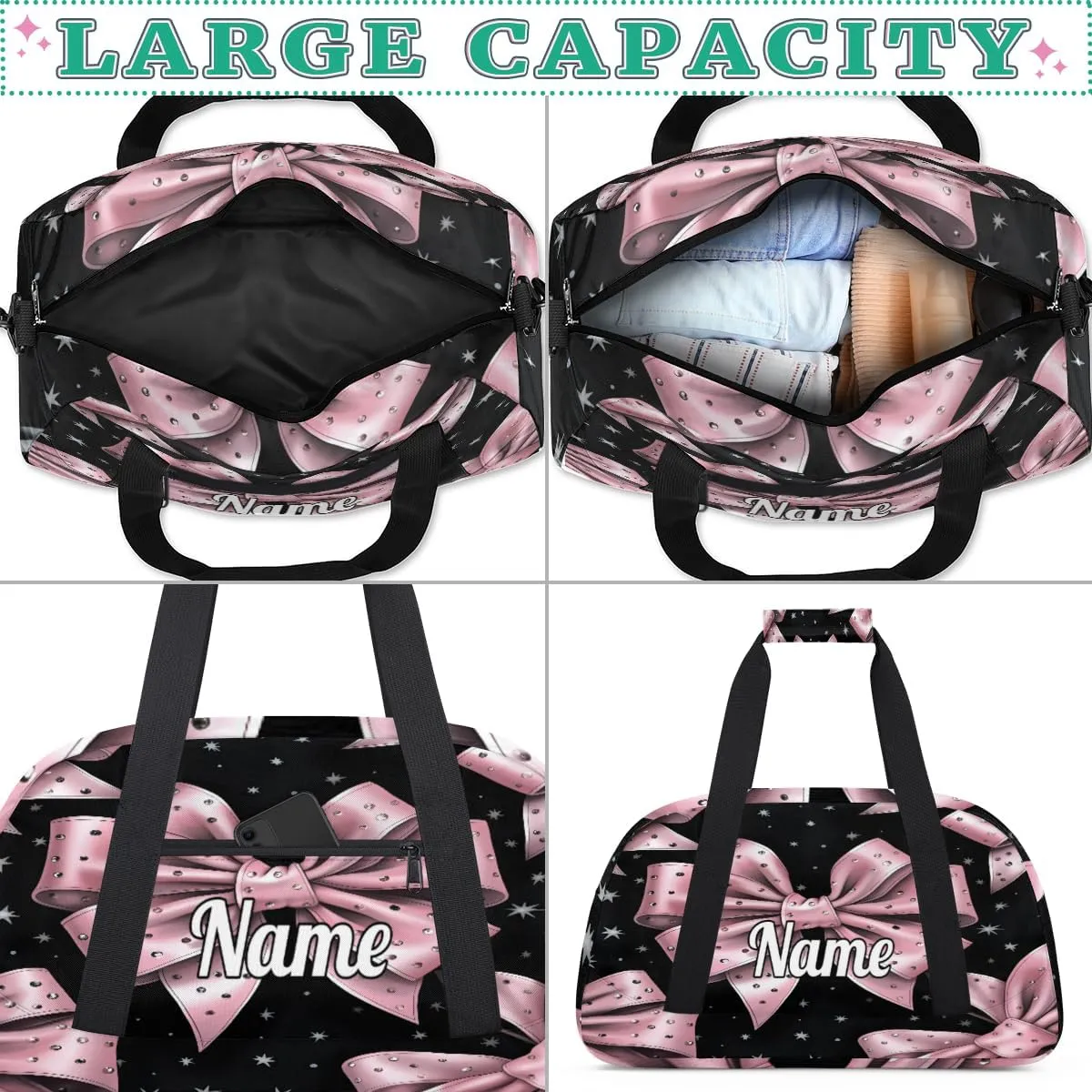 Pink Bowknot Personalized Kids Gym Bag Custom Dance Bag with Name Sport Duffel Bag for Girls Boys Weekender Overnight Travel Bag