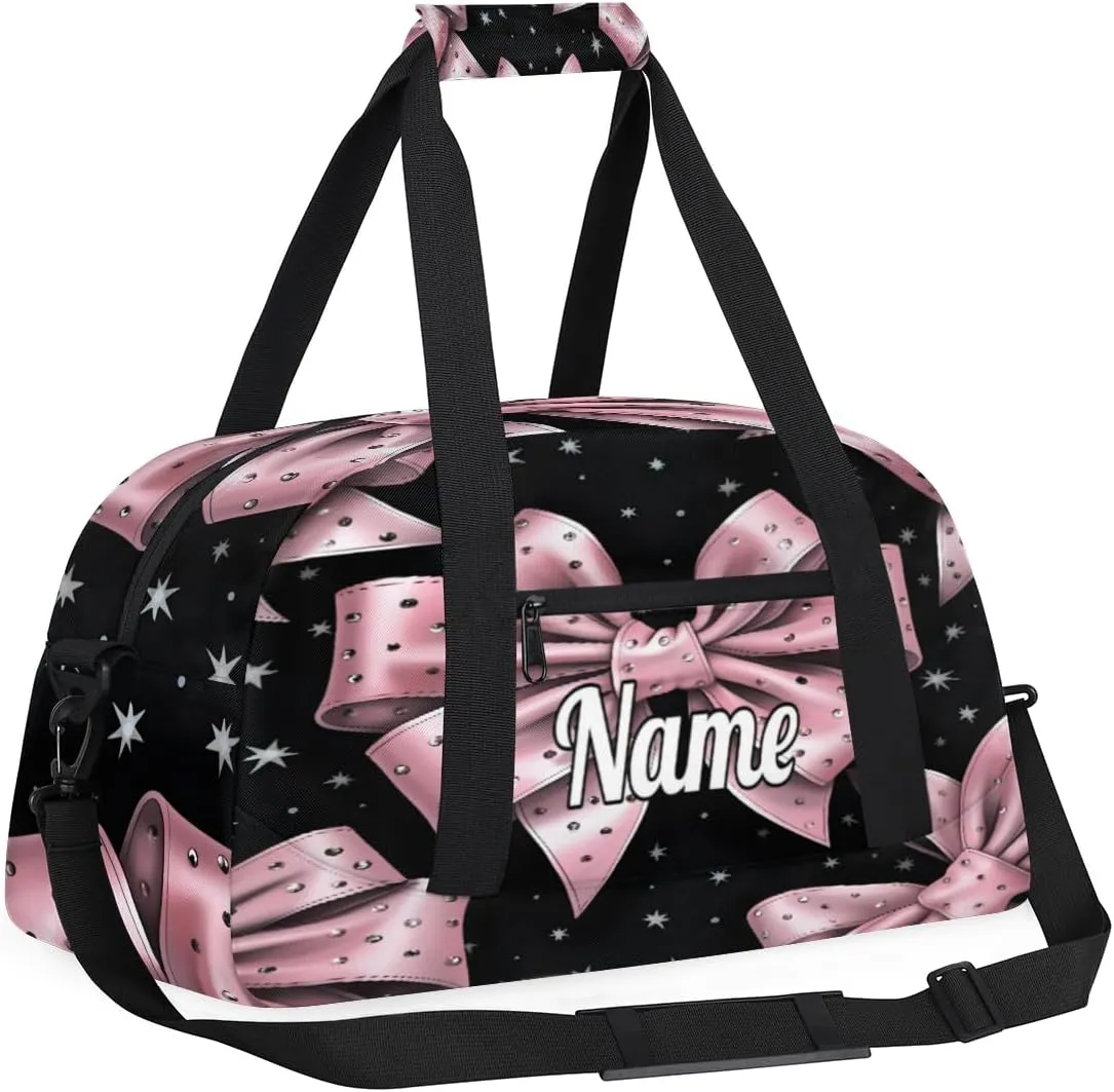 Pink Bowknot Personalized Kids Gym Bag Custom Dance Bag with Name Sport Duffel Bag for Girls Boys Weekender Overnight Travel Bag