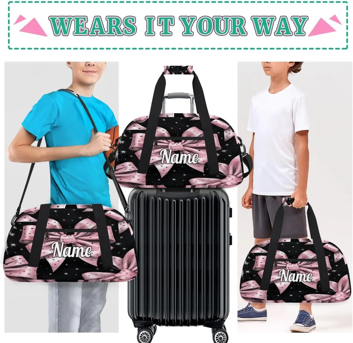 Pink Bowknot Personalized Kids Gym Bag Custom Dance Bag with Name Sport Duffel Bag for Girls Boys Weekender Overnight Travel Bag
