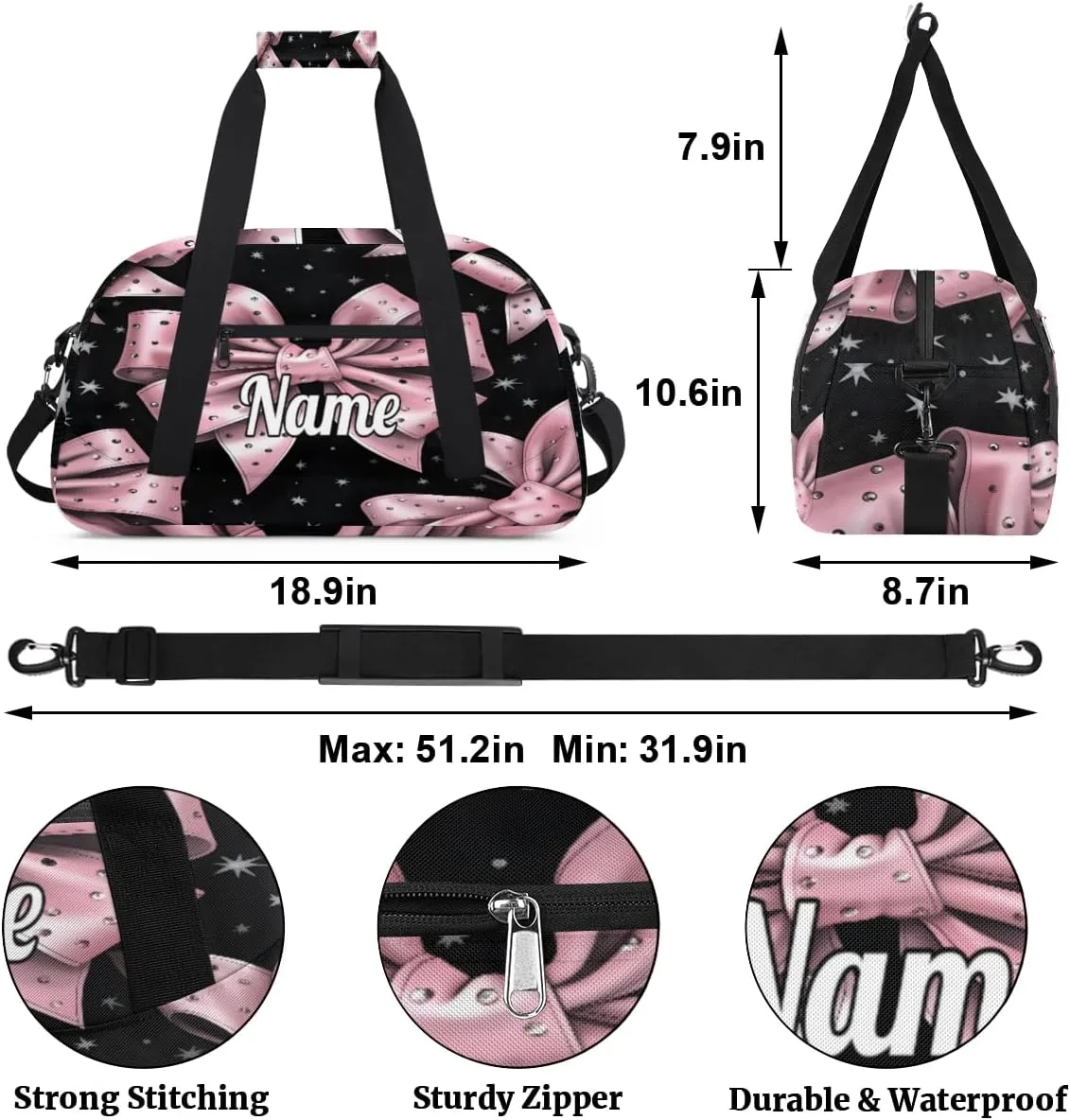 Pink Bowknot Personalized Kids Gym Bag Custom Dance Bag with Name Sport Duffel Bag for Girls Boys Weekender Overnight Travel Bag