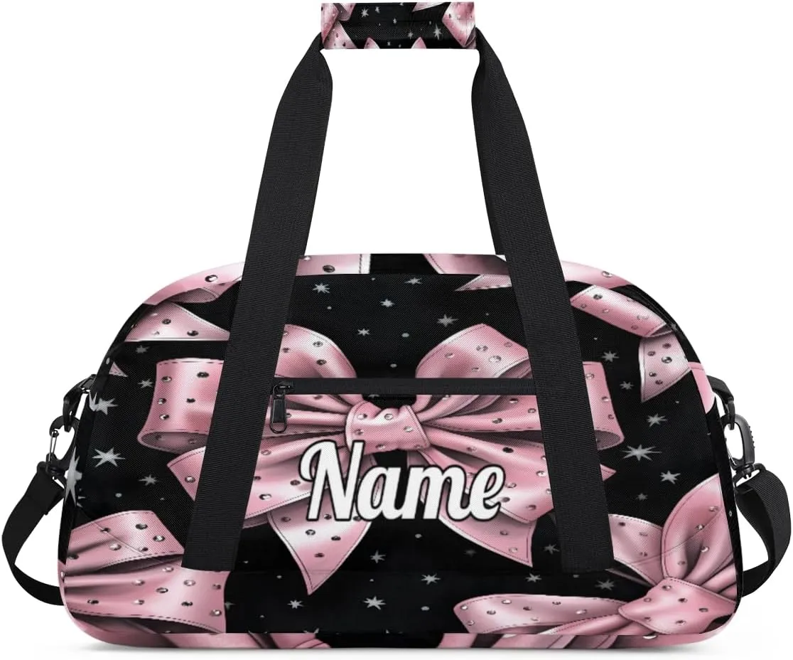 Pink Bowknot Personalized Kids Gym Bag Custom Dance Bag with Name Sport Duffel Bag for Girls Boys Weekender Overnight Travel Bag