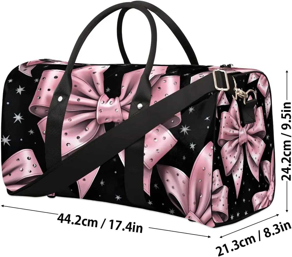 Pink Bowknot Travel Duffel Bag for Women Men Waterproof Foldable Overnight Weekender Bag Large Capacity Sports Gym Bag
