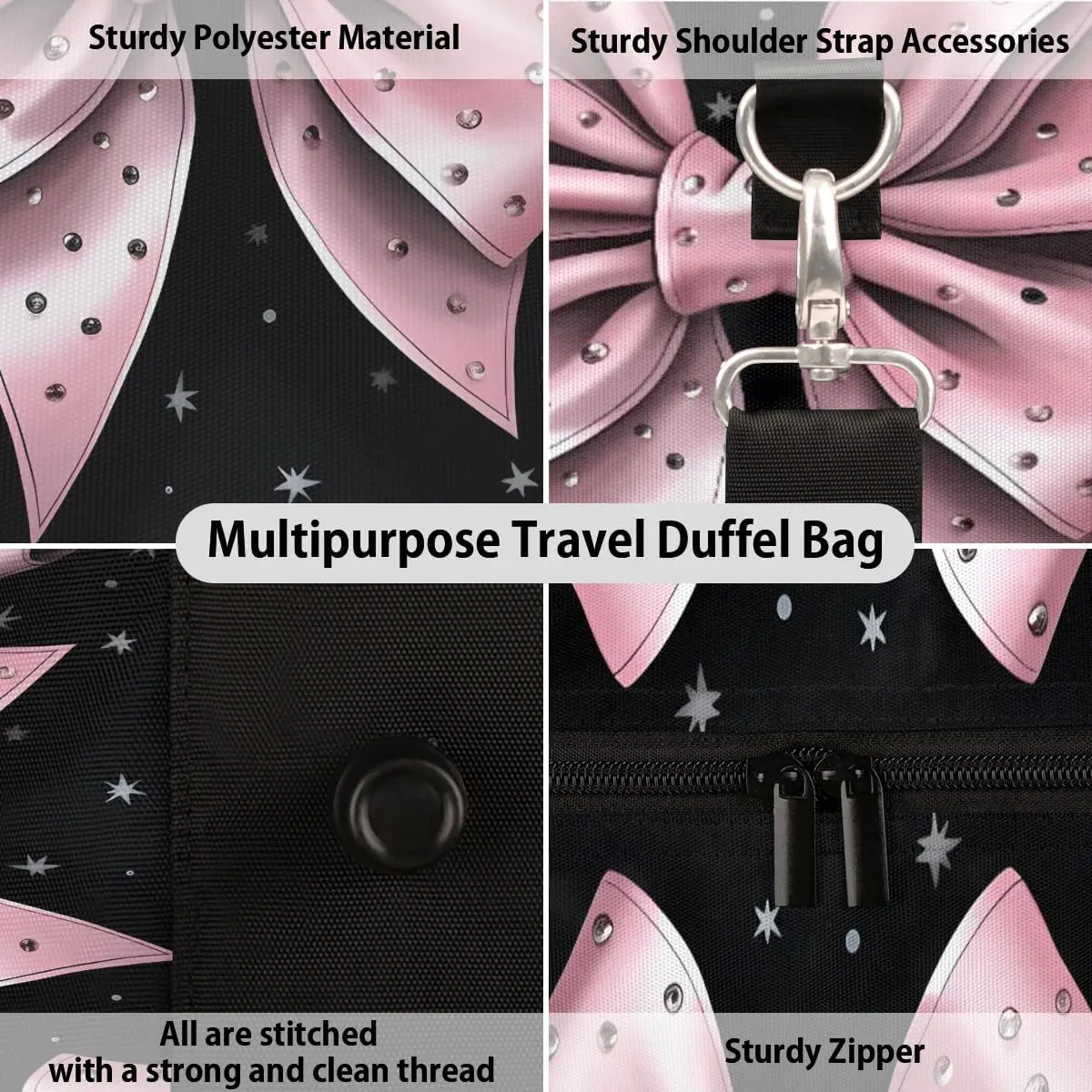 Pink Bowknot Travel Duffel Bag for Women Men Waterproof Foldable Overnight Weekender Bag Large Capacity Sports Gym Bag