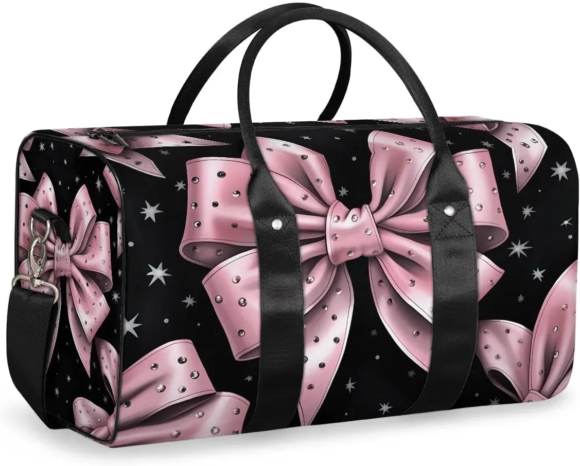 Pink Bowknot Travel Duffel Bag for Women Men Waterproof Foldable Overnight Weekender Bag Large Capacity Sports Gym Bag